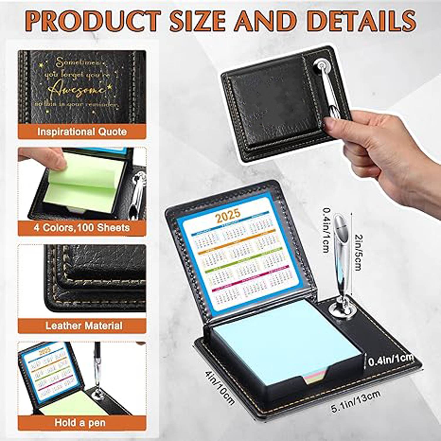 100 Sheets Sticky Note PU Leather Box Set w/Pen Holder 6