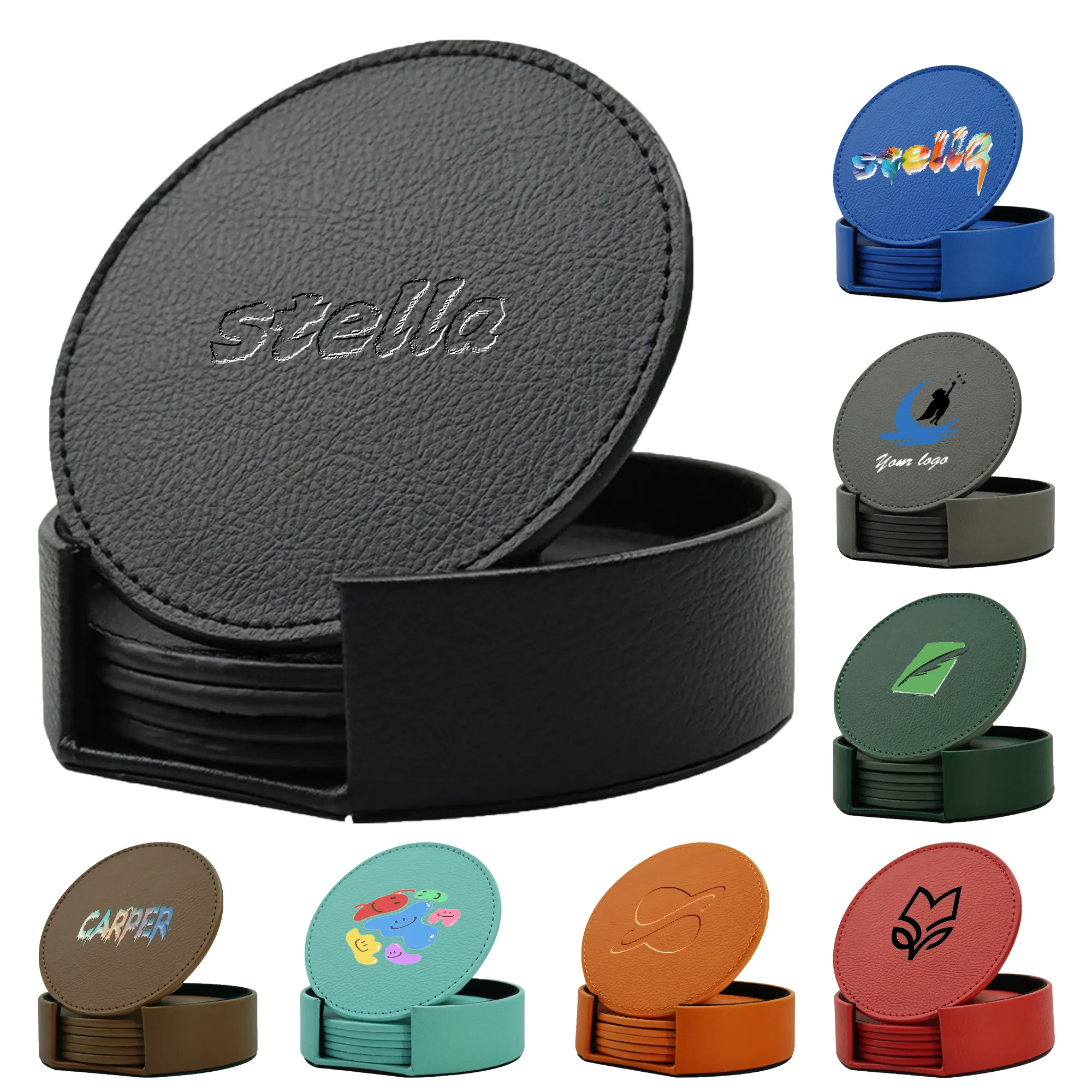Set of 6 Round PU Leather Coasters