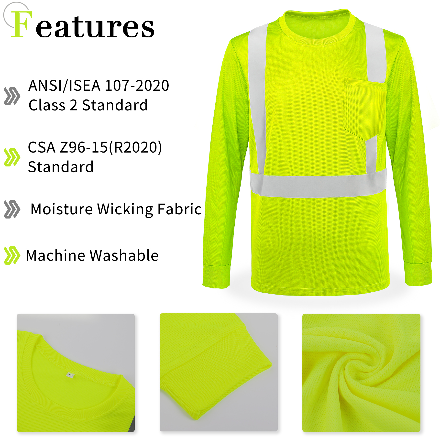 4 Oz. Class 2 Long Sleeve Hi Vis Reflective Safety T-Shirt W / Pocket 2