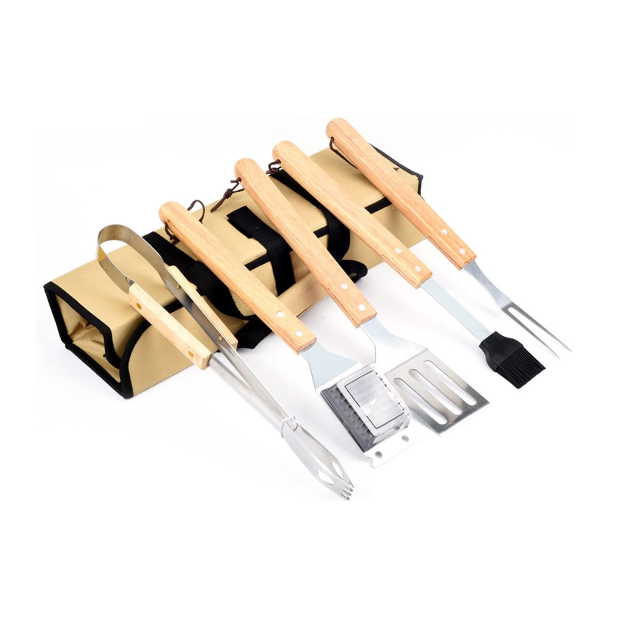5-Piece BBQ Grill Tool Set with Wooden Handles 4