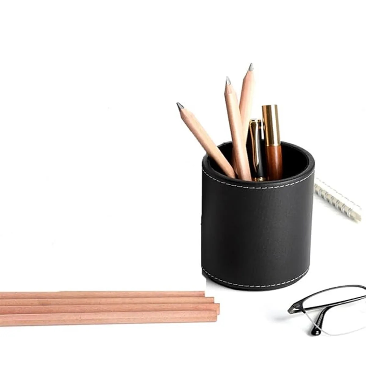 Circular Leather Pen Holder Desktop Stationery Storage Box 2