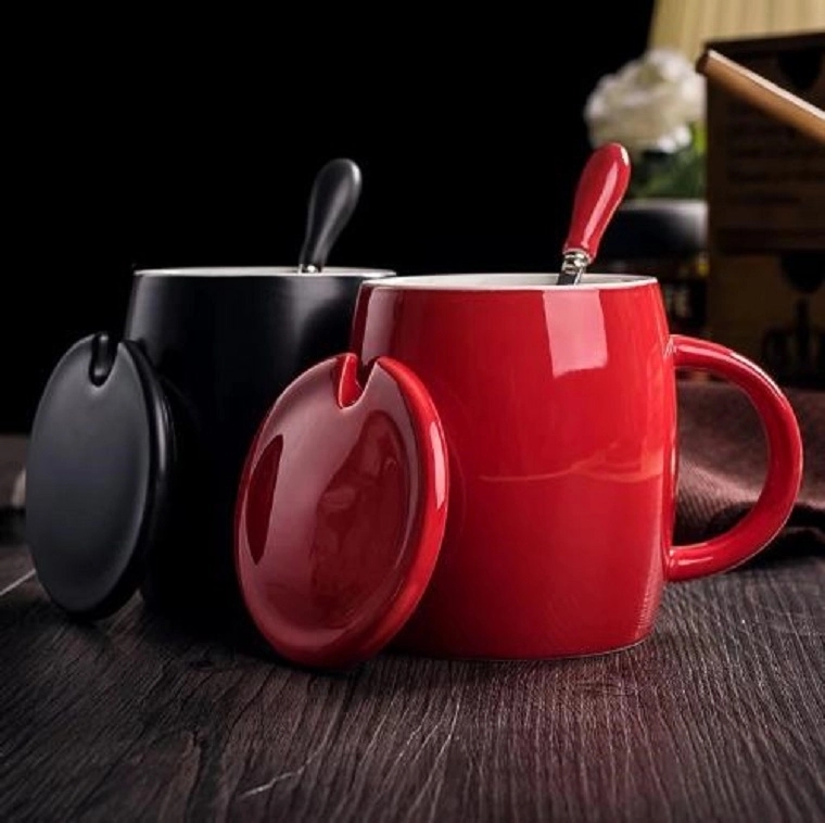 Custom 14 OZ Cask type ceramic cup with lid spoon 3