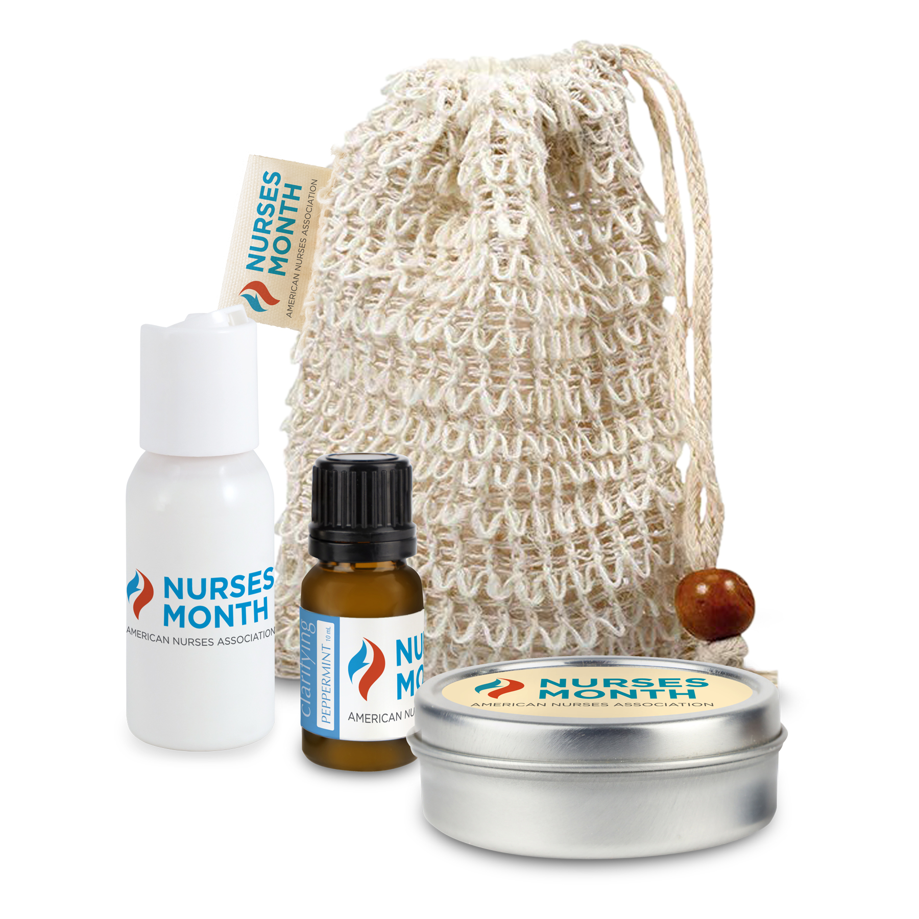 Loofah Bag with Lotion, Essential Oil, and Candle Tin 1