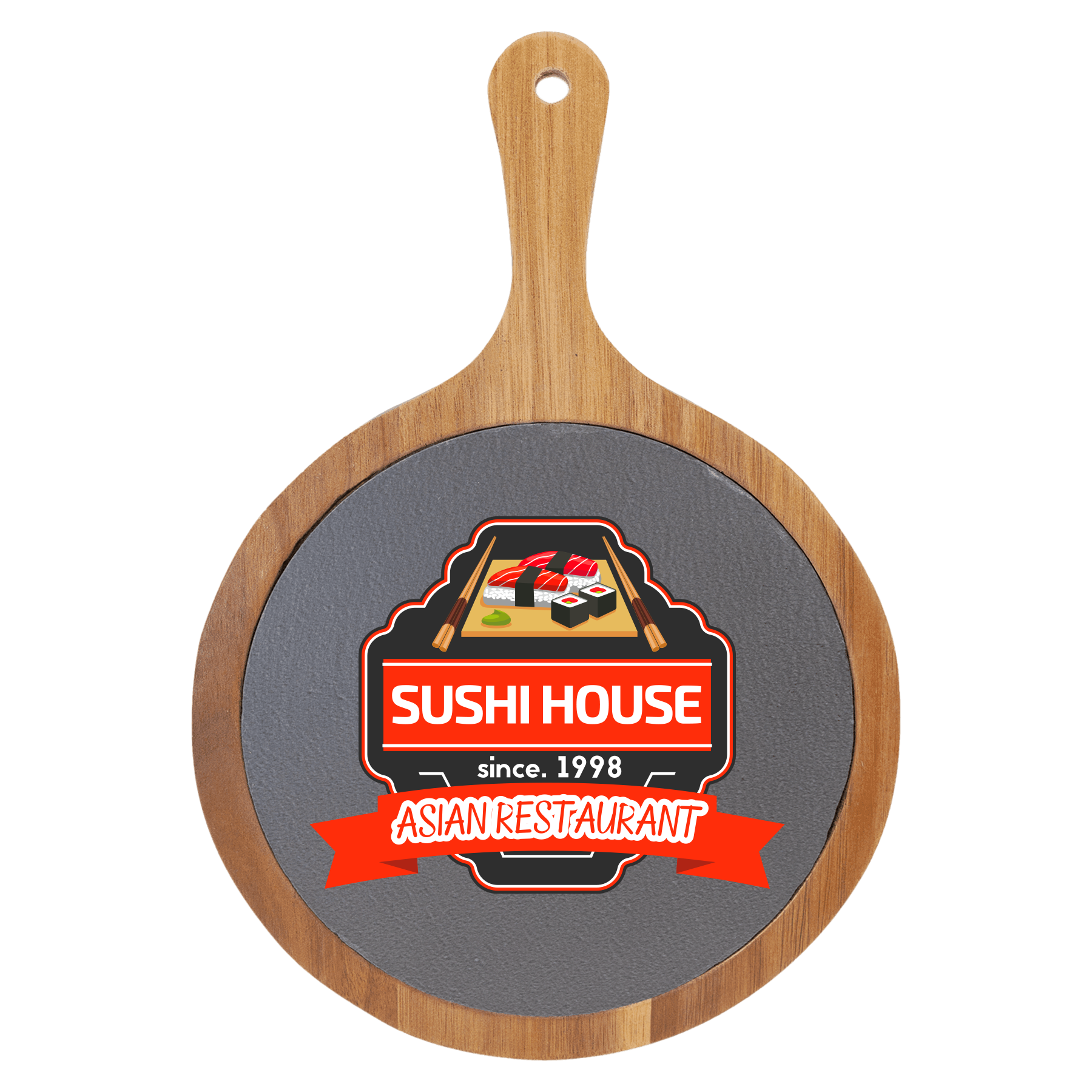 12 1/4" x 8 1/4" Round Acacia Wood/Slate Serving Board with Handle 3