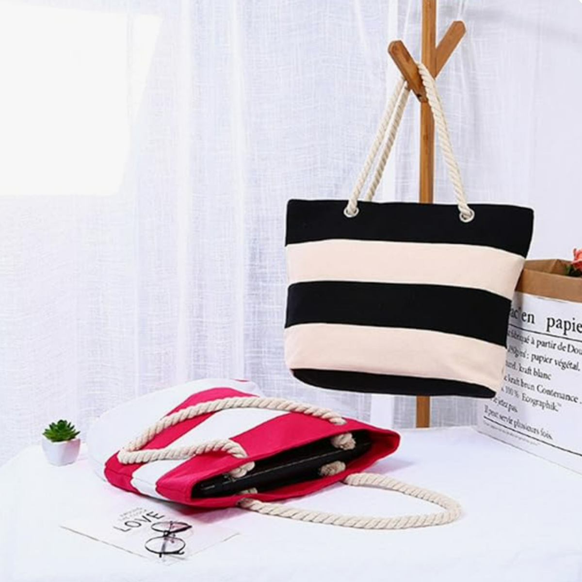 Striped Canvas Beach Tote Bag with Rope Handles 1