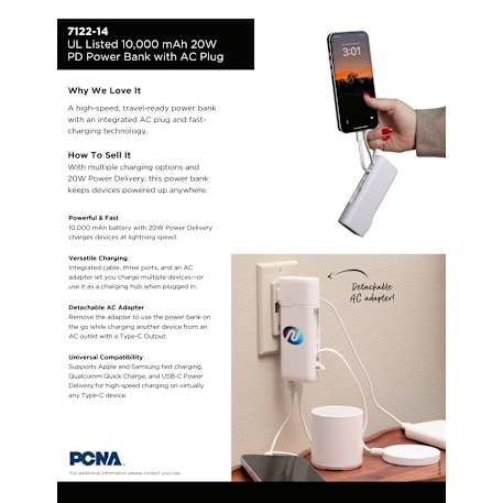 UL Listed 10,000 mAh 20W PD Power Bank with AC Plu 63