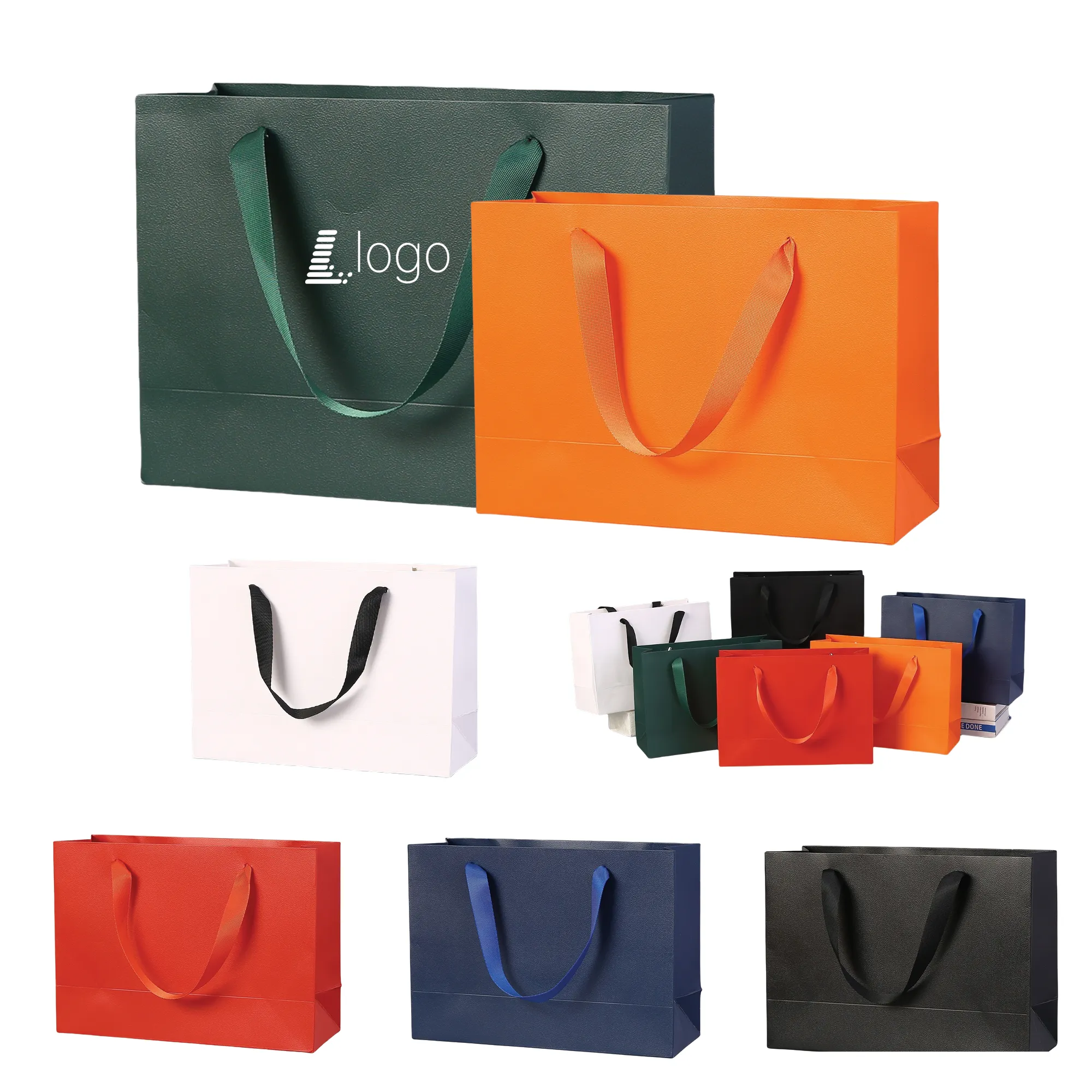 White Kraft Paper Shopping Bags with Ribbon Handles