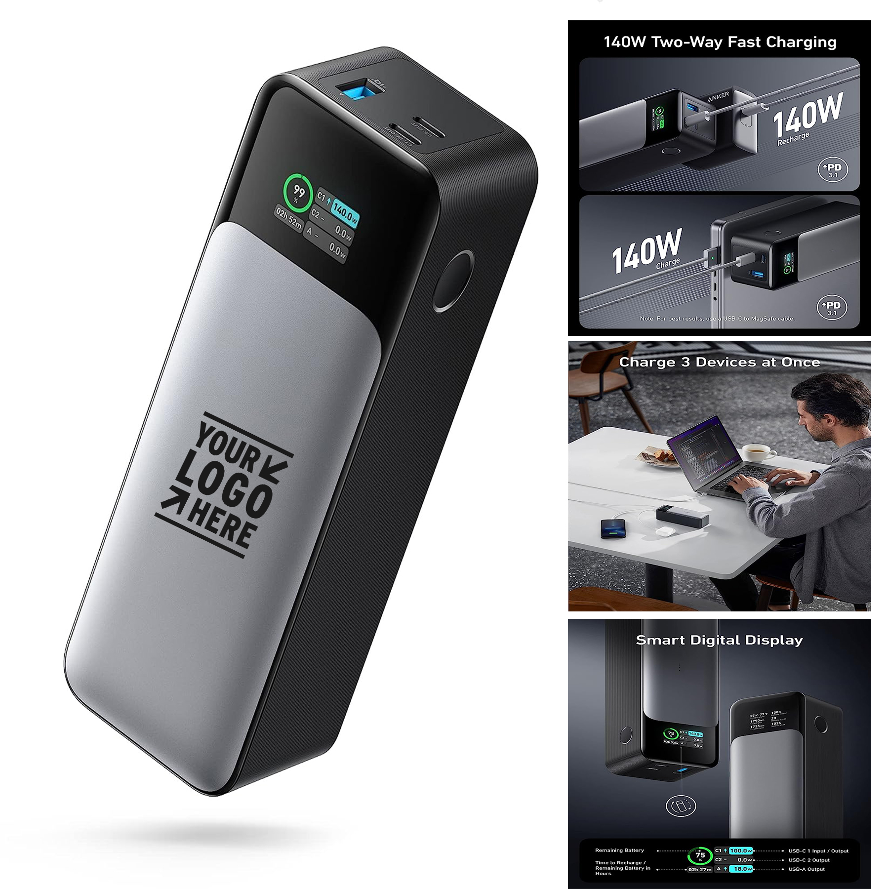 140W Output 24000mAh 3-Port Portable Smart Digital Display Charger Power Bank 