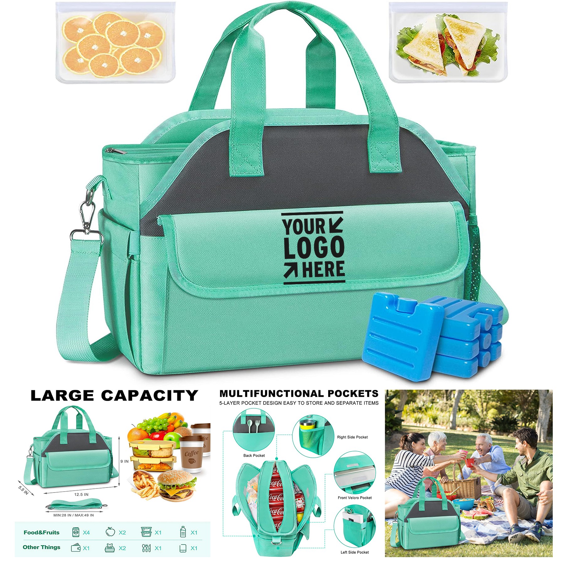Women Adult Leakproof Removable Shoulder Strap Insulated Multi-Pocket Cooler Tote Lunch Bag 2