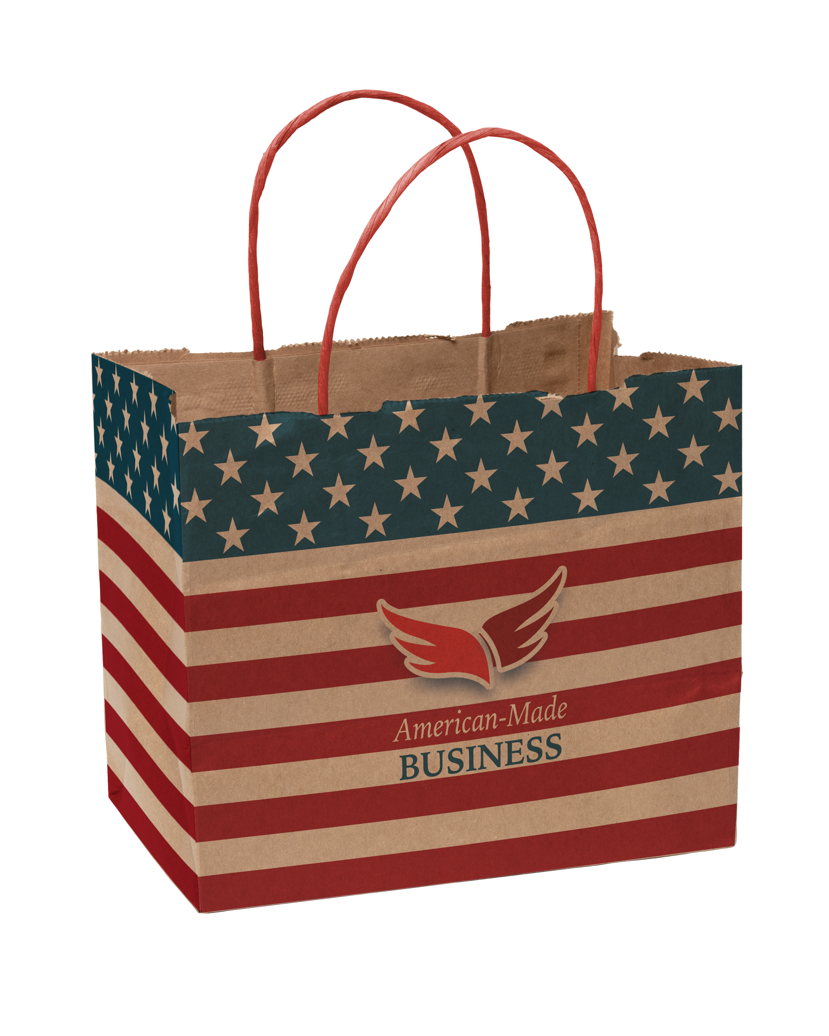 Multi-Sided Full Color Natural Shopper Paper Bag - Red Handle (8.5"x 7.25"x 5")