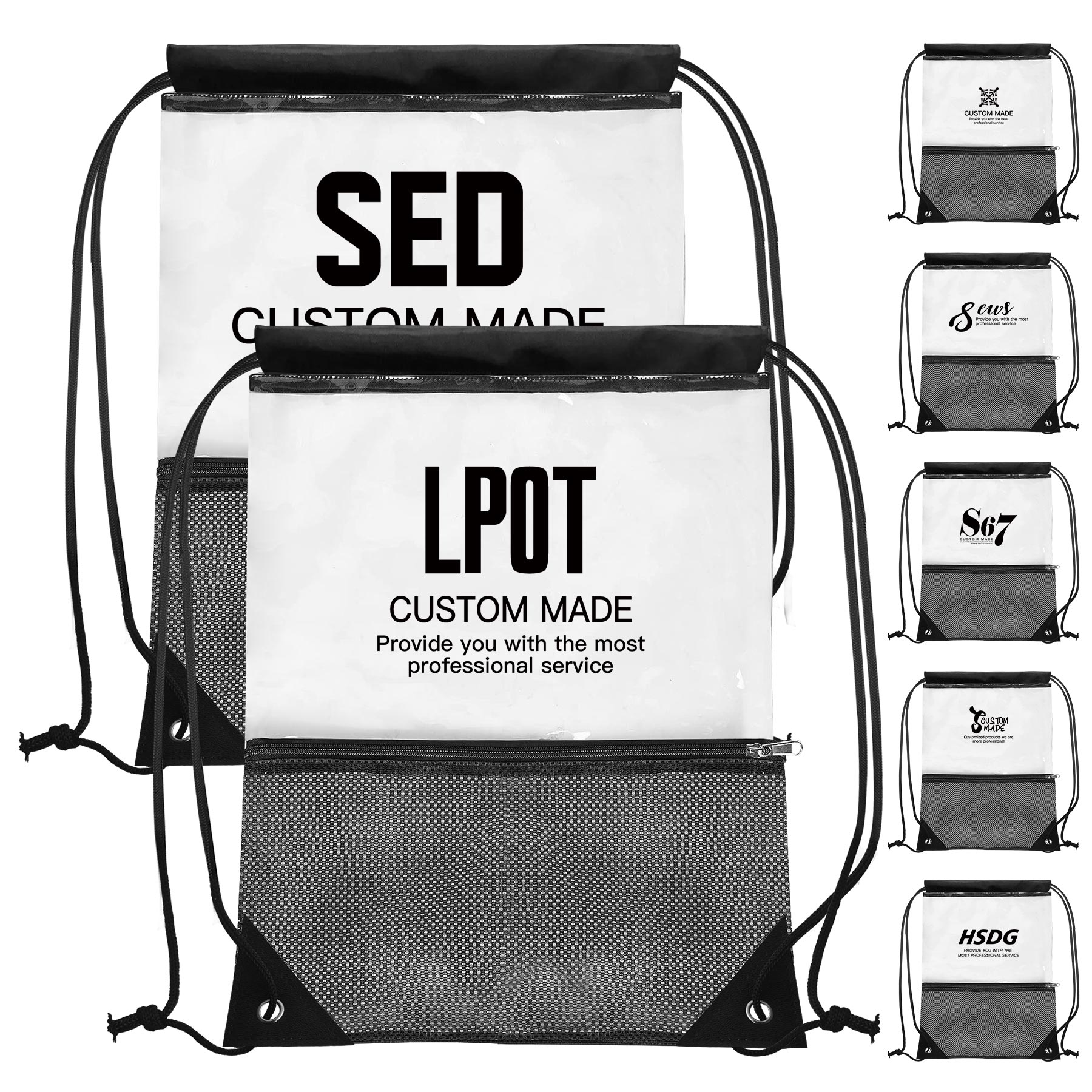 PVC Drawstring Backpack with Front Zipper Mesh Pocket 2
