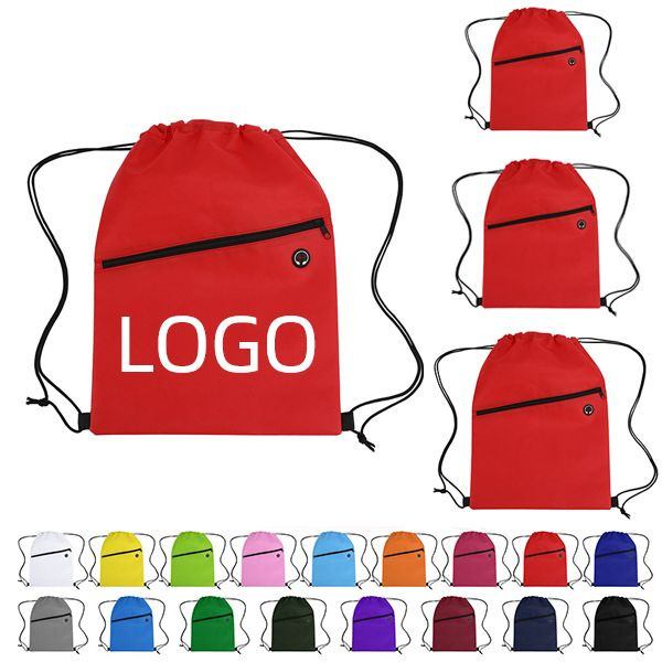 Medium Drawstring Sports Bag W/ Front Zipper Pocket & Earphone Slot 1