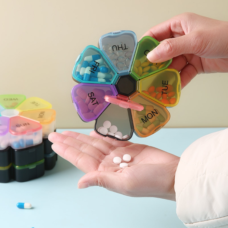 4.75in Plastic Weekly Rainbow Pill Organizer Round Case 1