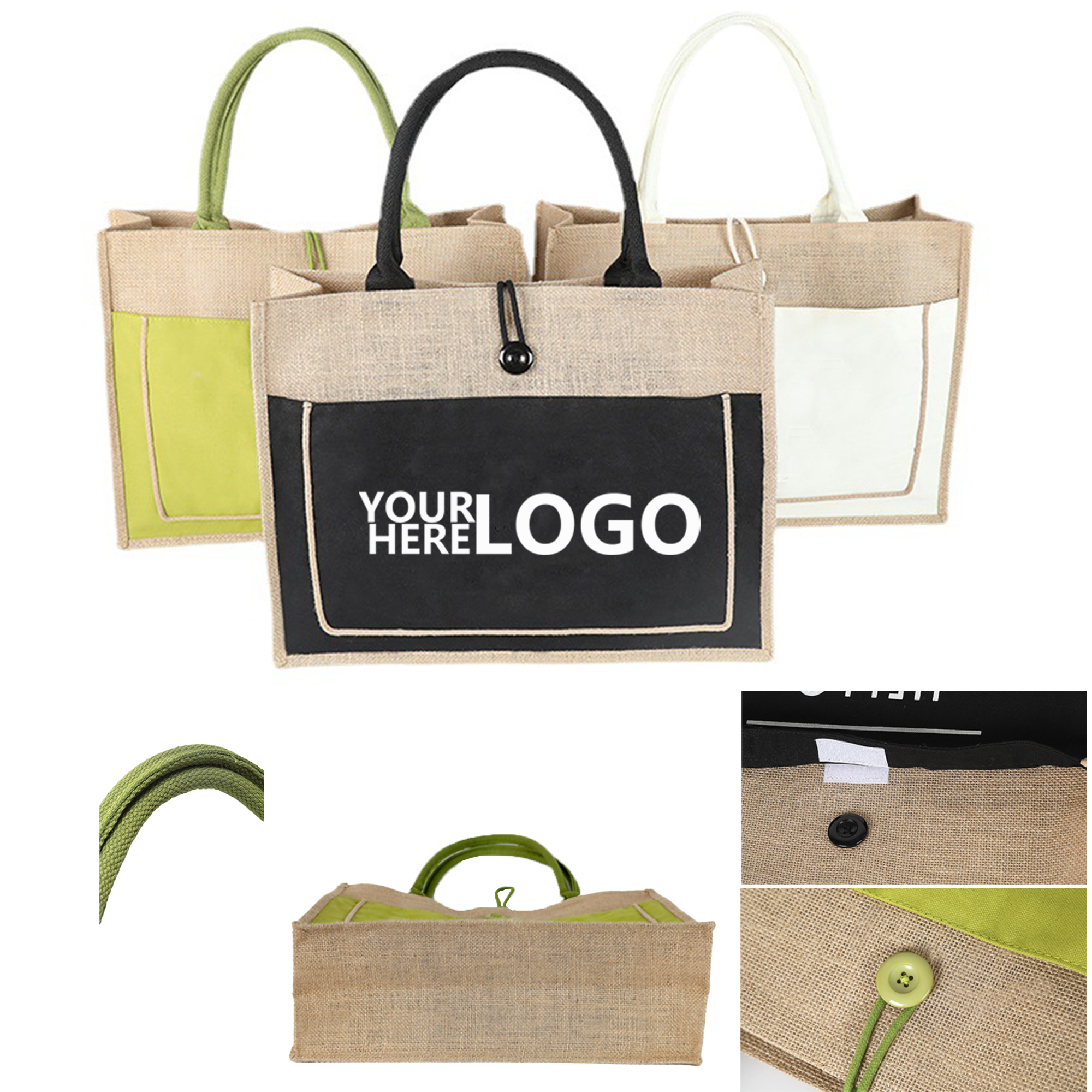 Patchwork Jute Shopping Tote Bag, custom tote bag with logo imprint 3