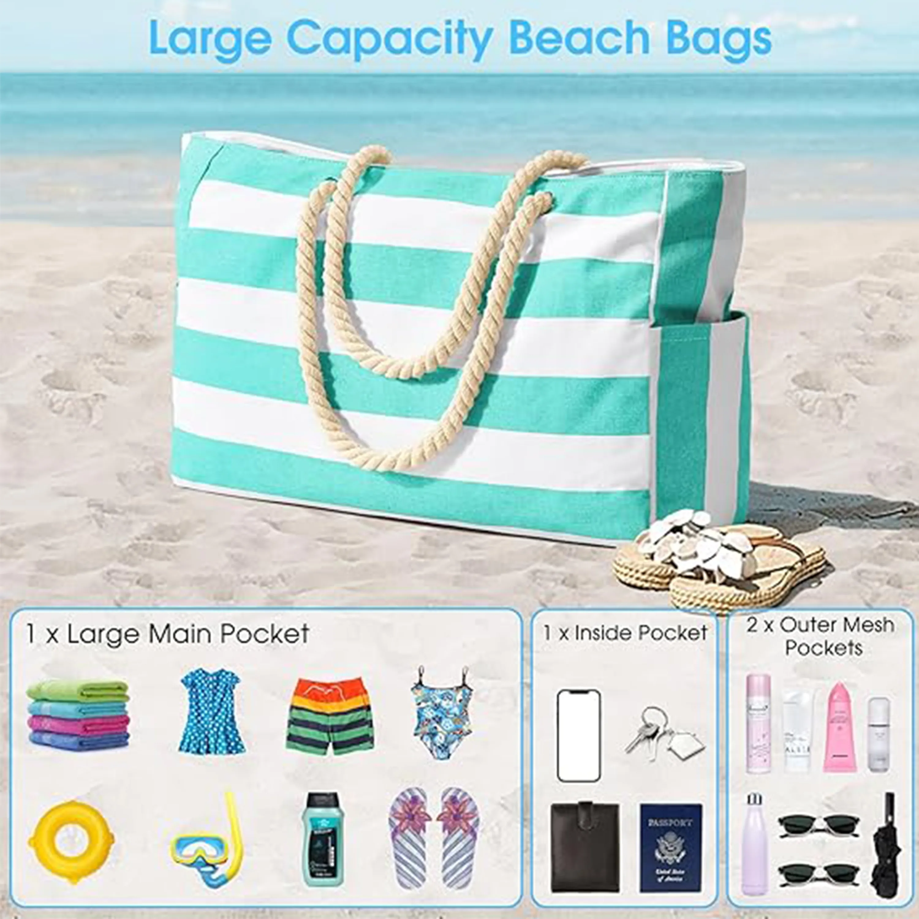 Waterproof Large Beach Tote Bag Summer Sand Proof Picnic 4