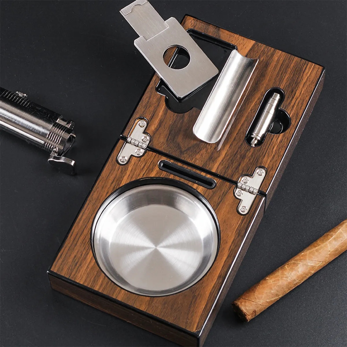 Travel Foldable Cigar Ashtray Stainless Steel Liner Gift Set 4