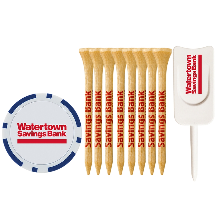 8 Wood Tees 2 3/4", 1 Poker Chip, Single Prong Plastic Divot Tool