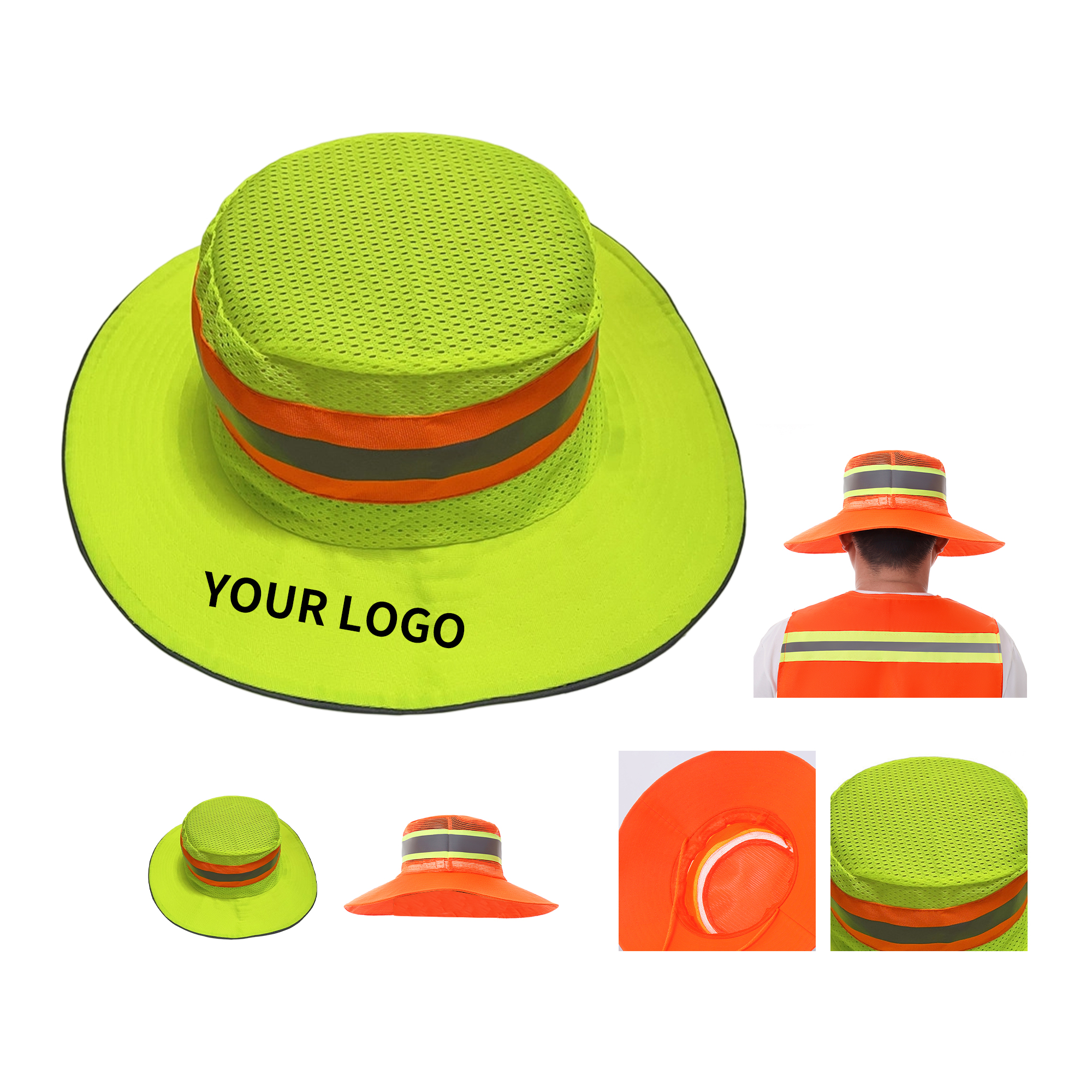 Polyester Mesh Safety Sun Hat with Reflective Trim and Neck Flap 5