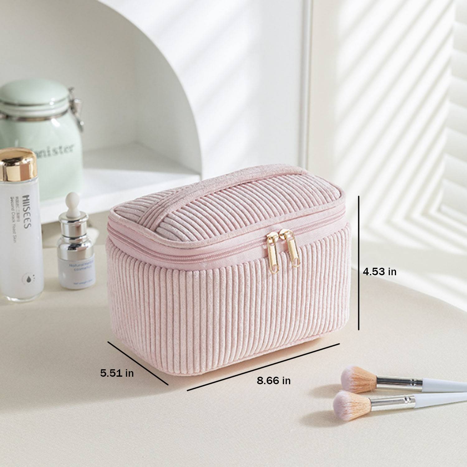 Large Capacity Corduroy Makeup Bag w/ Mesh Pocket 8