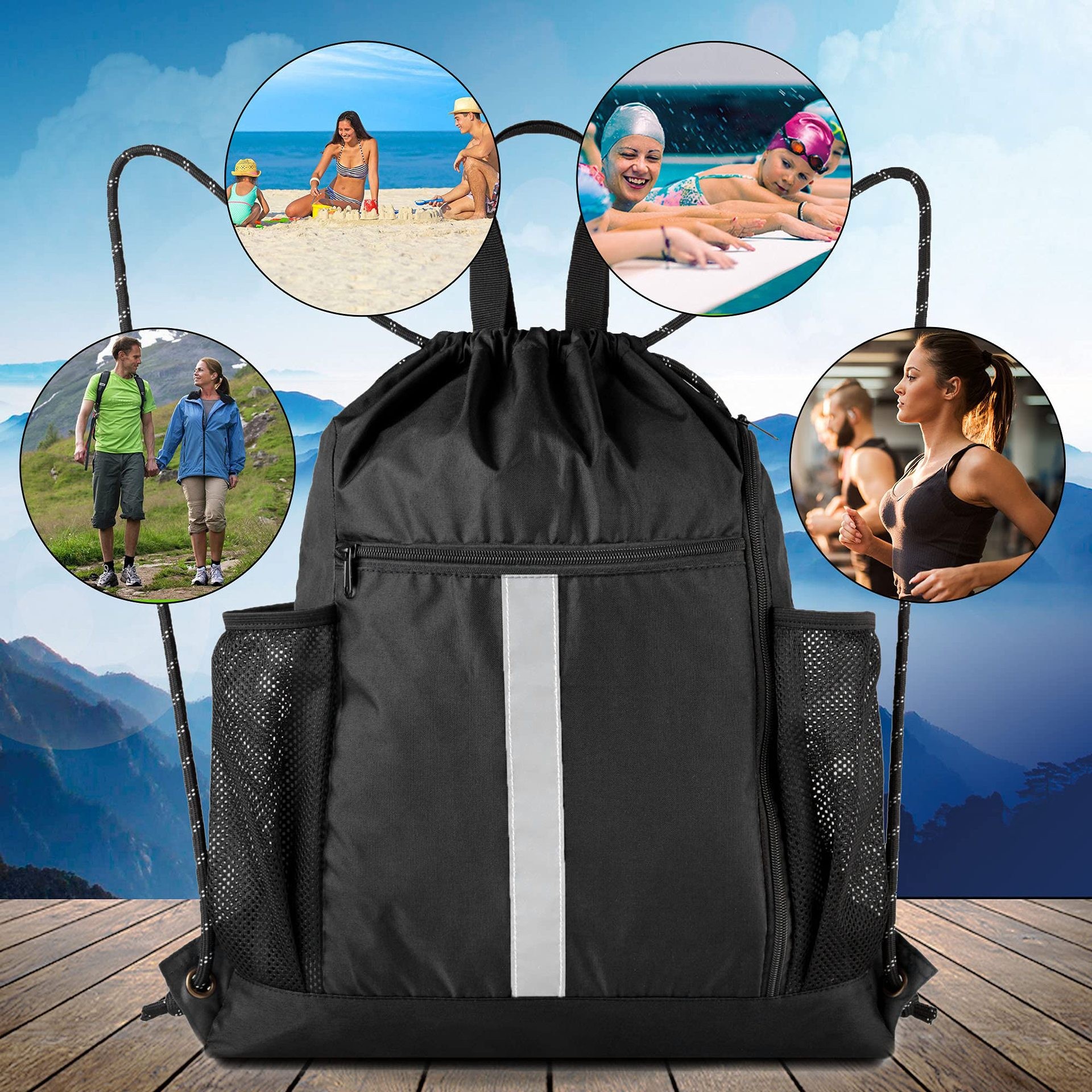 Drawstring Backpack With Shoe Compartment and Water Bottle 16