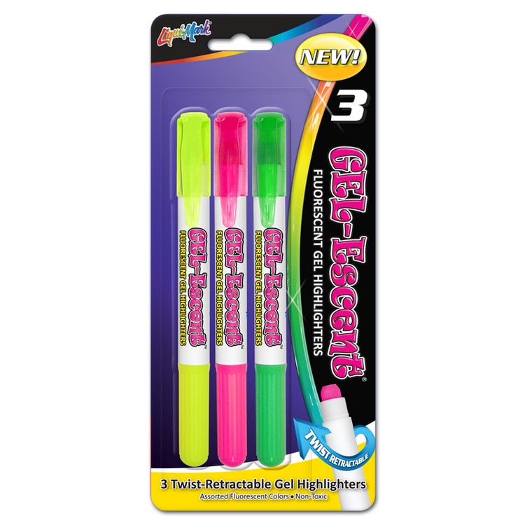 3 Pack Fluorescent Gel Highlighters, Broad Tip - Assorted Colors