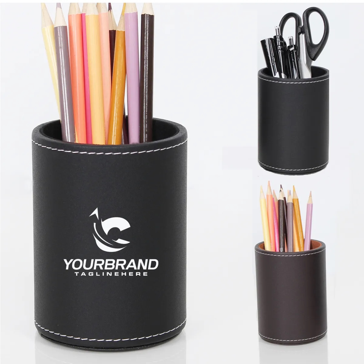 Circular Leather Pen Holder Desktop Stationery Storage Box 3