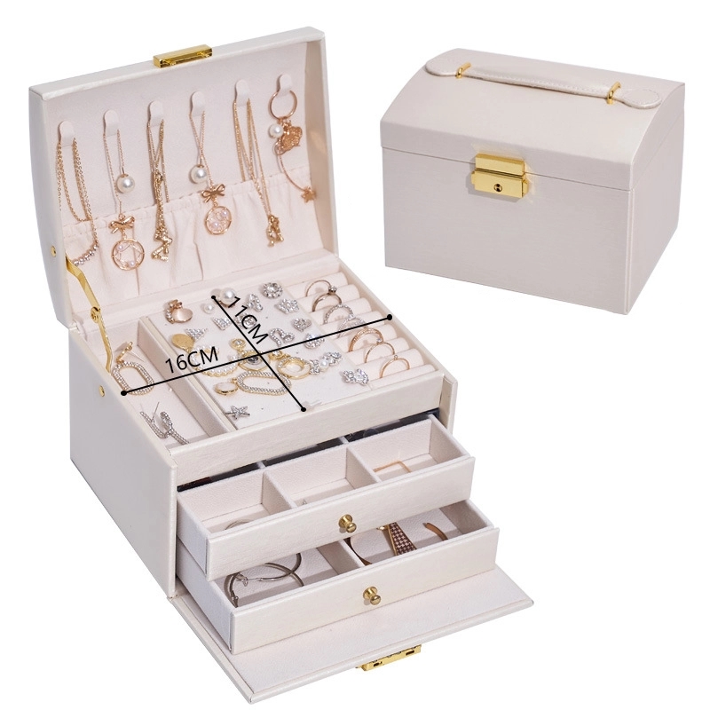 Custom 3-Layer PU Jewelry Organizer Box with Drawer & Handle 8