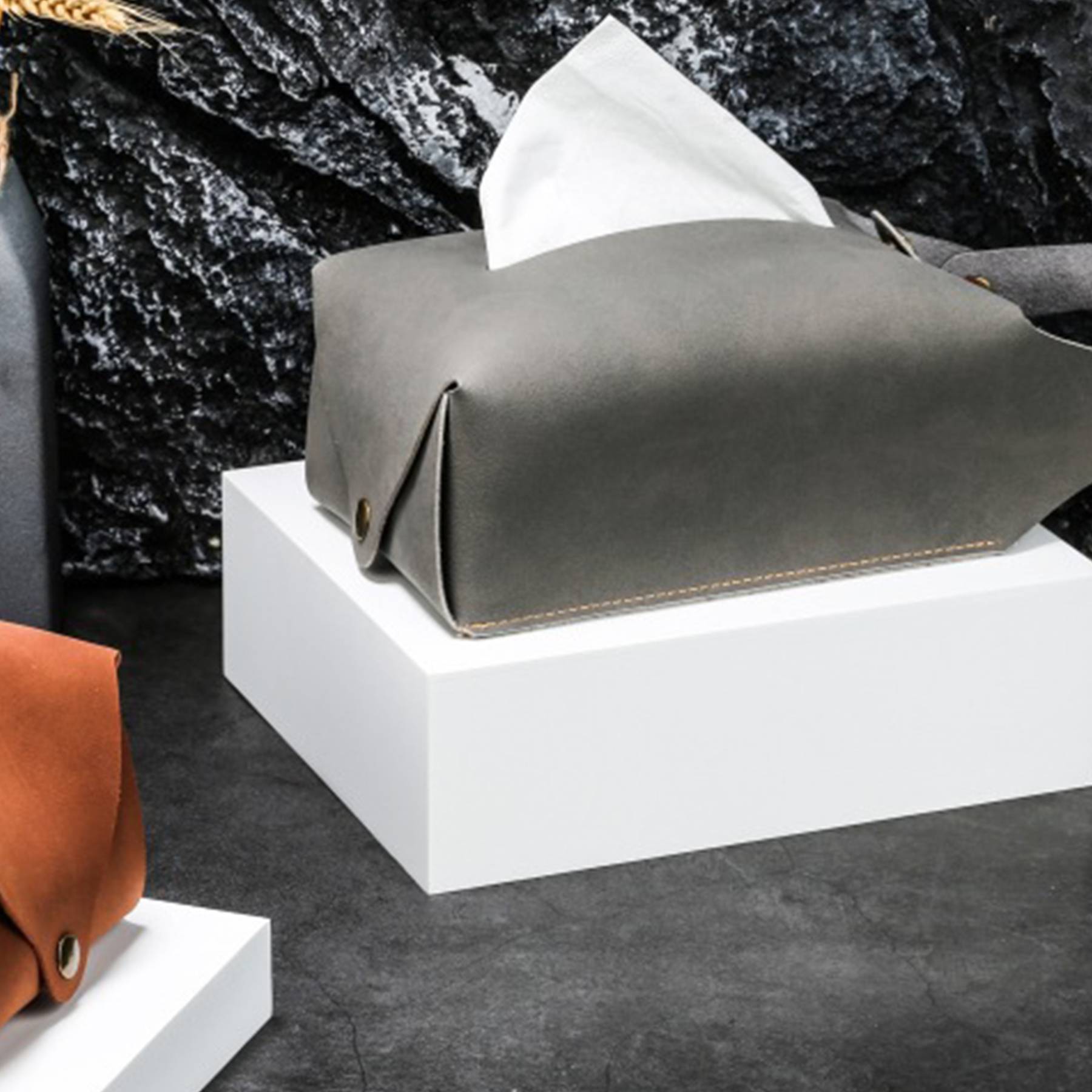 Portable PU Leather Hanging Car Tissue Bag 8