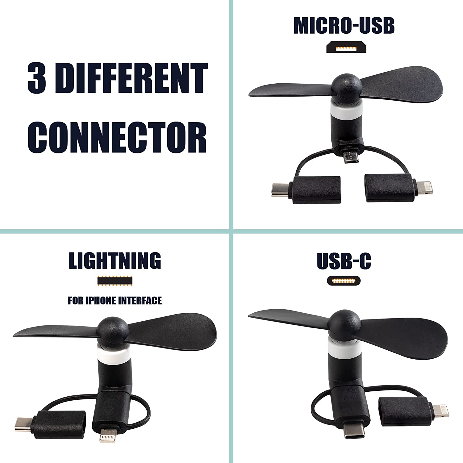 3 in 1 Mini Portable Micro USB/Type C/Lightning Port Phone Fan 4