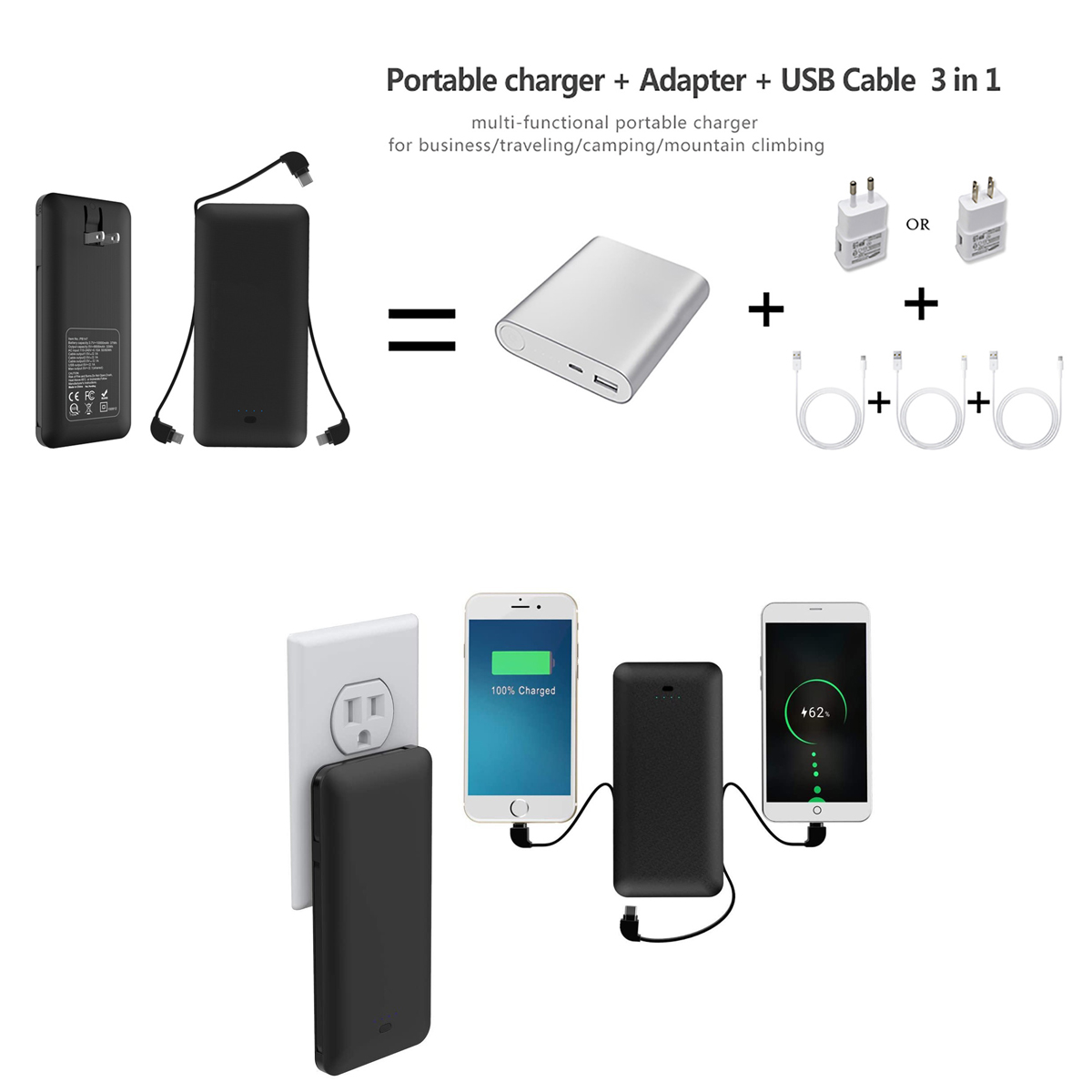 10,000mAh Portable Charger with AC Plug and Built-in Cables 2