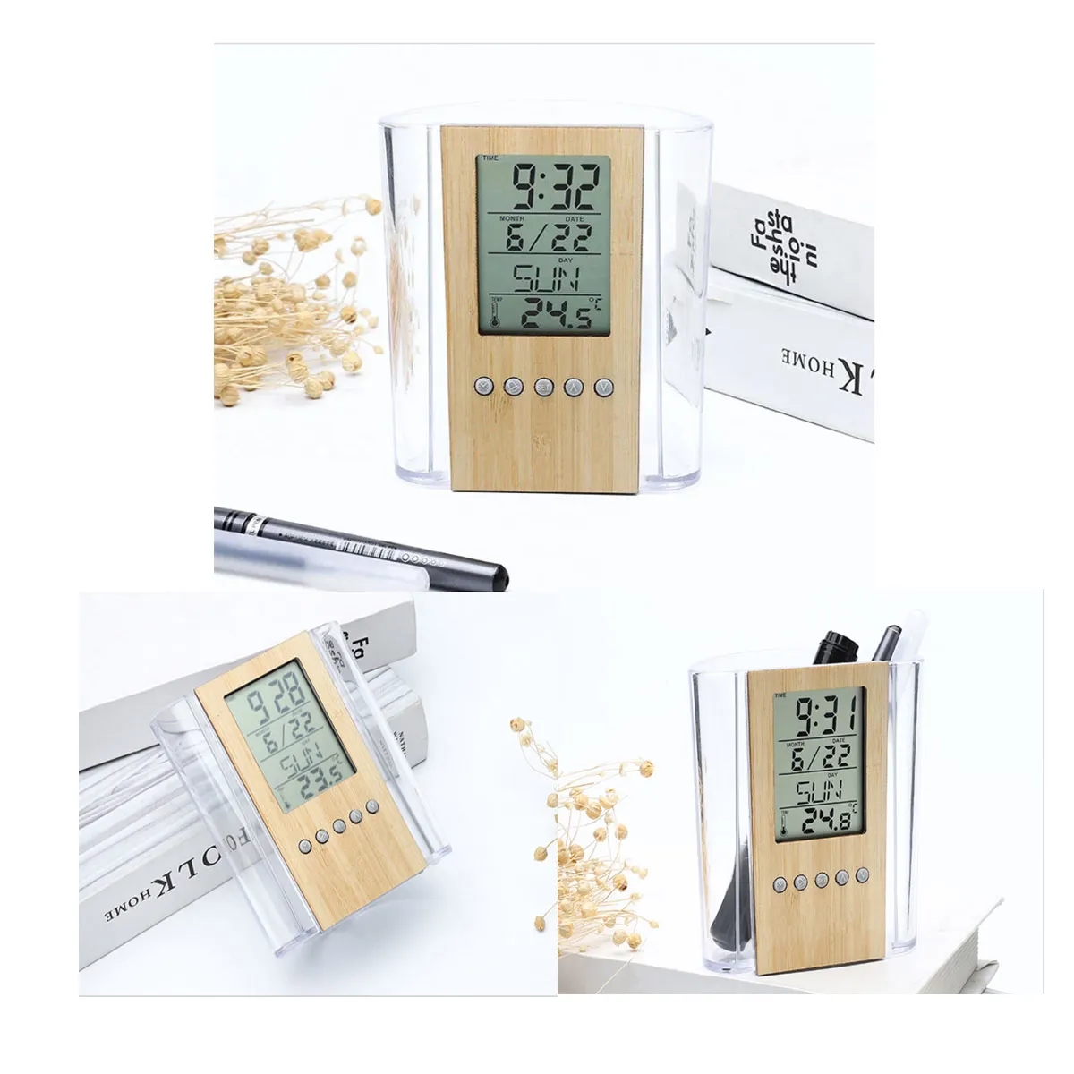 Multifunctional Digital Bamboo And Wood Pen Holder Clock 2