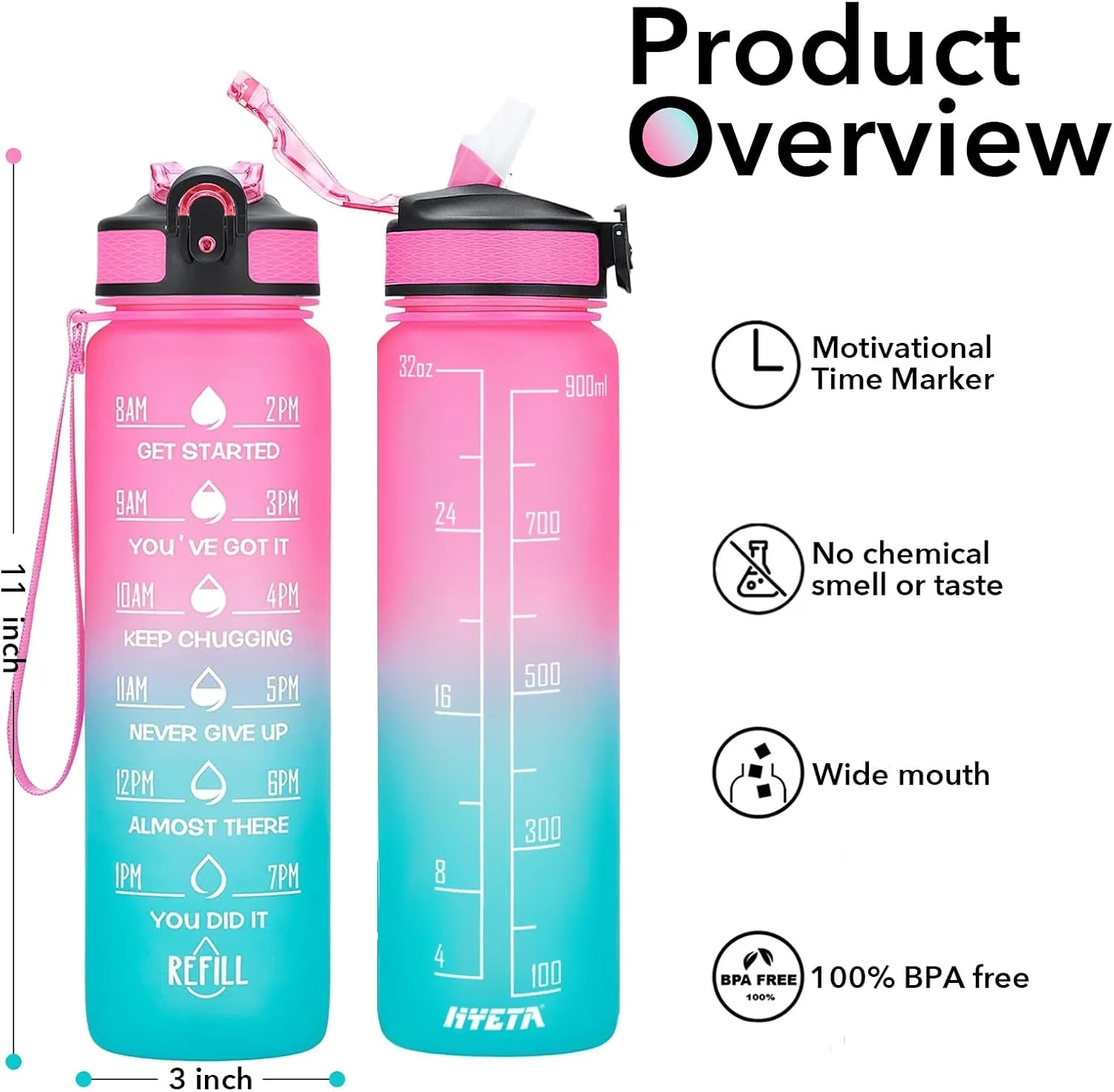 32 oz Water Bottles with Times to Drink and Straw 4