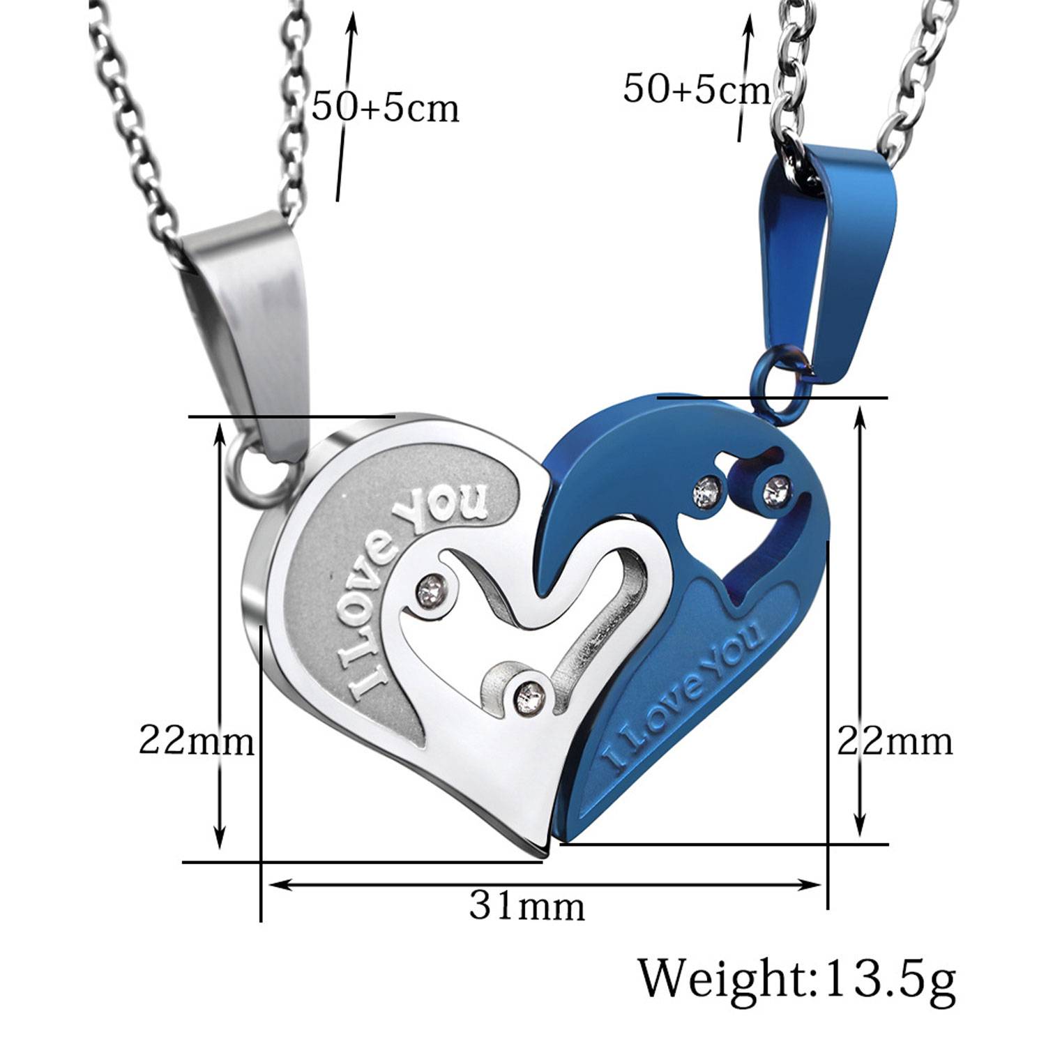 2PCS Stainless Steel Couple Heart Pendant Necklaces 2