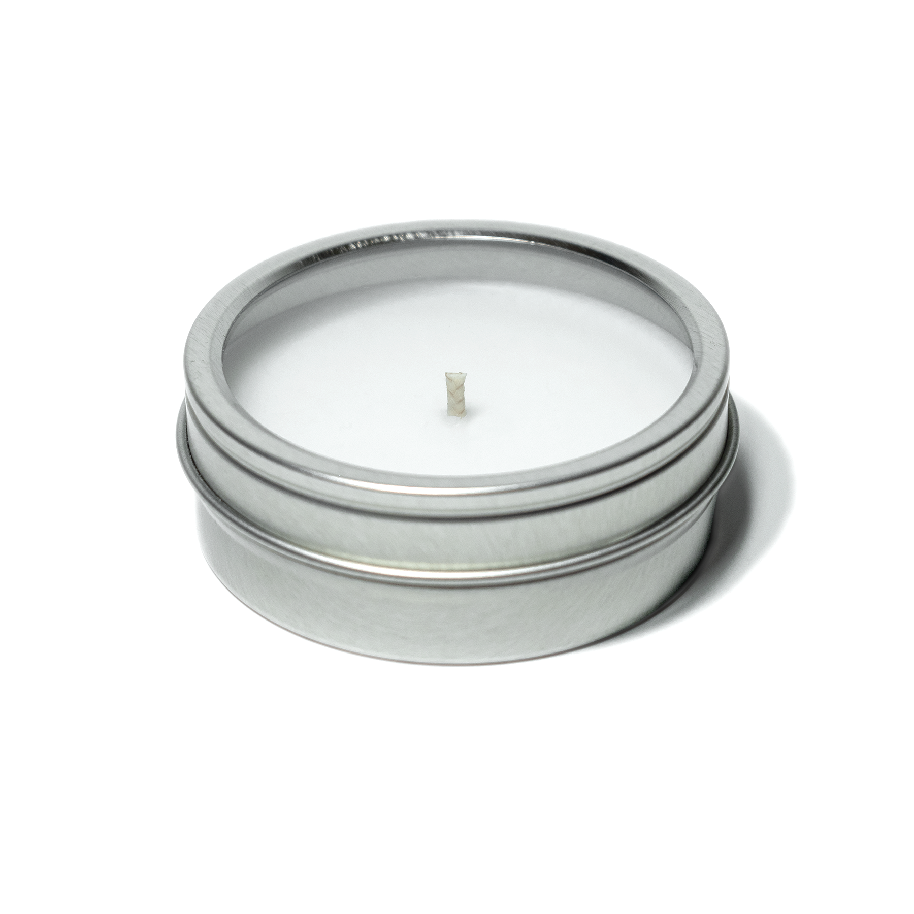 2 oz Mini Tin Travel Candle Silver/Clear Lid with 4-C Imprint