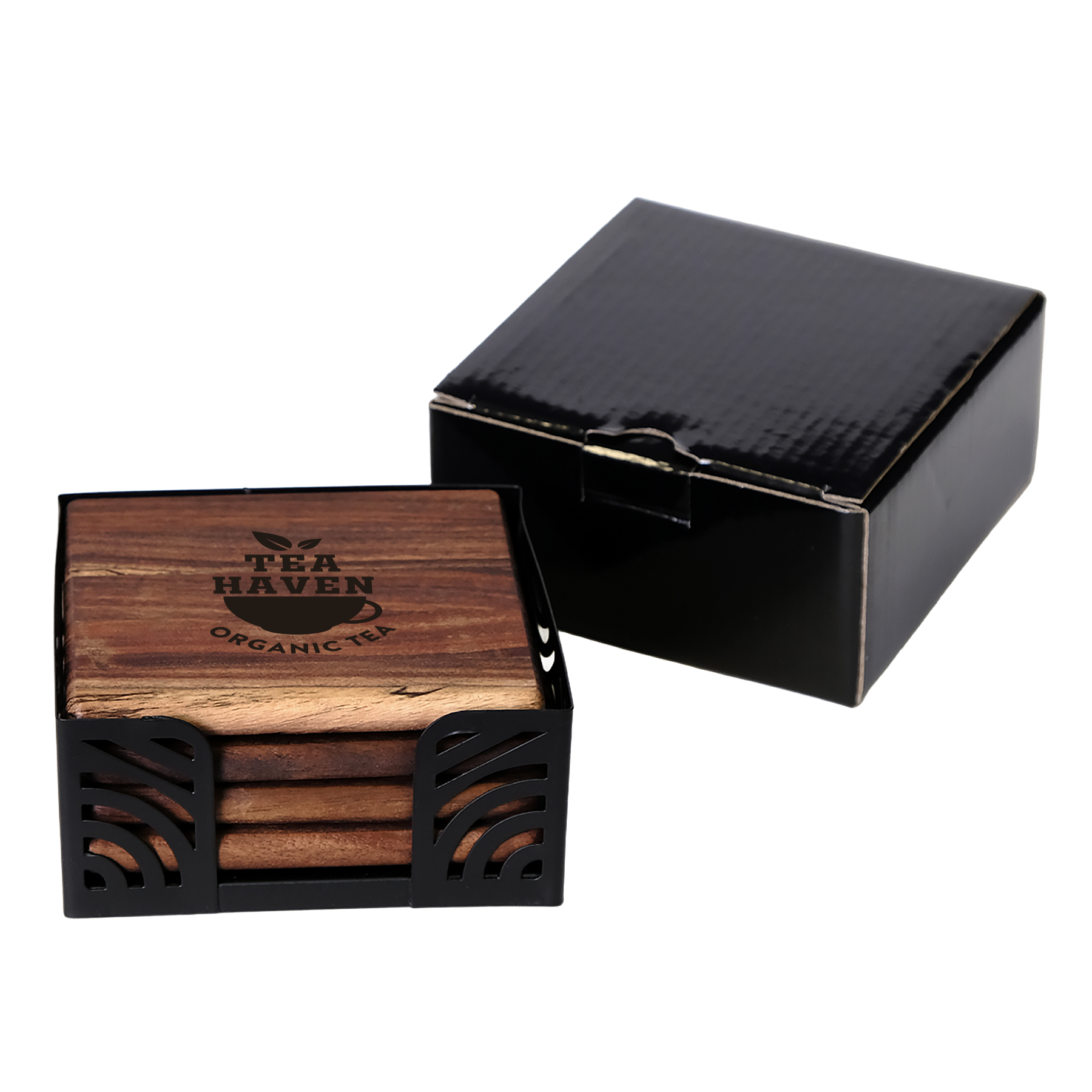 4 Pc. Acacia Wood Square Coaster Set with Black Metal Stand 10