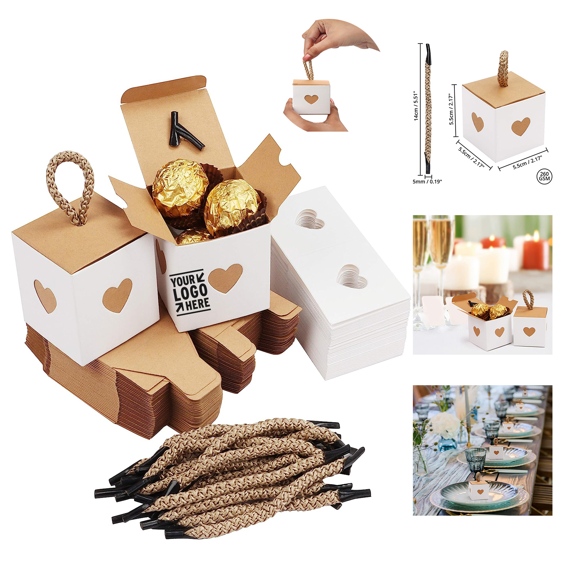 2 x 2 x 2 inch  Mini White Brown Heart Gift Boxes