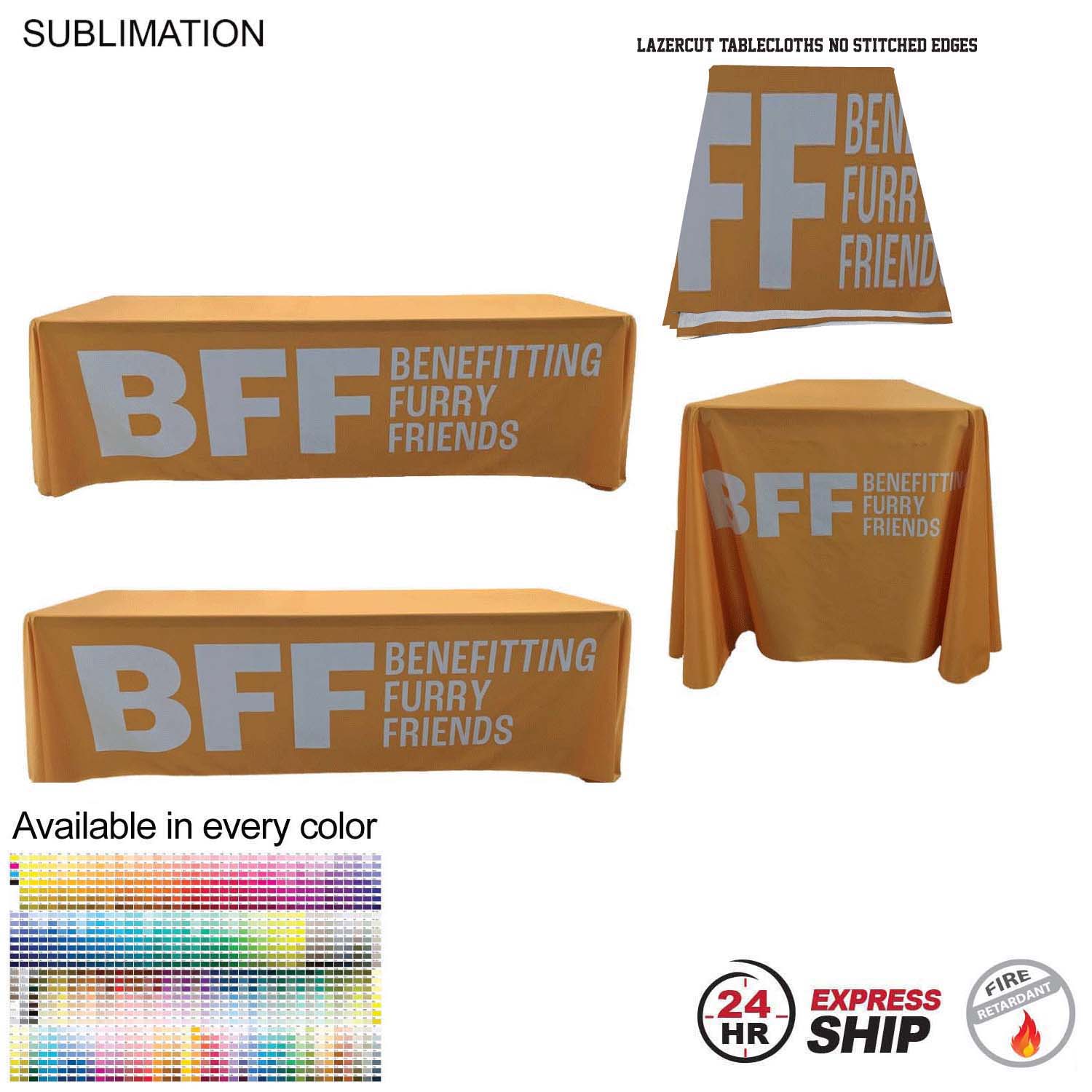 24Hr Express Ship - 8' LazerCut 4-Sided PREMIUM Sublimated Tablecloth, Drape Style, Closed Back 3