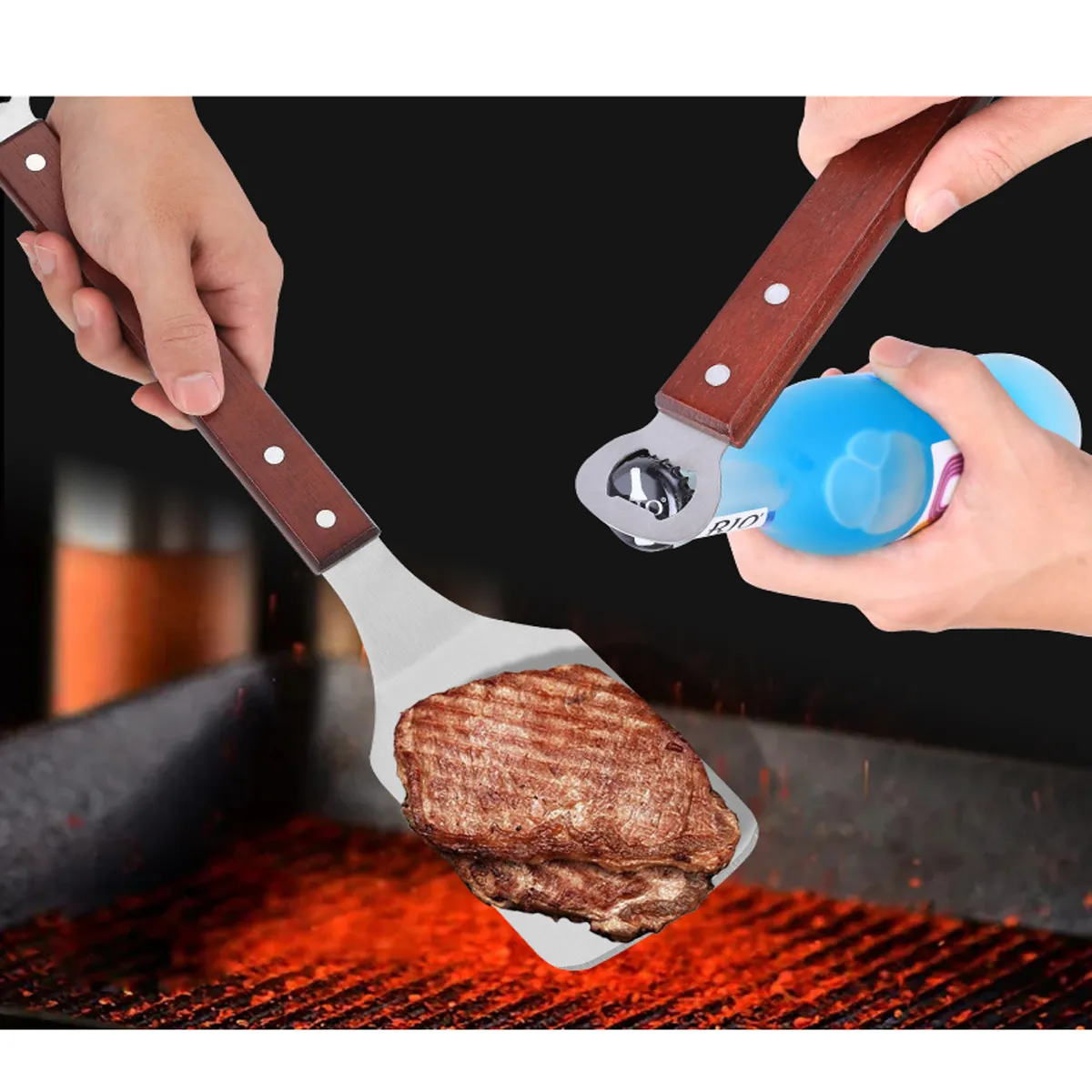 Steak Frying Shovel Wooden Handle Stainless Steel Spatula 4