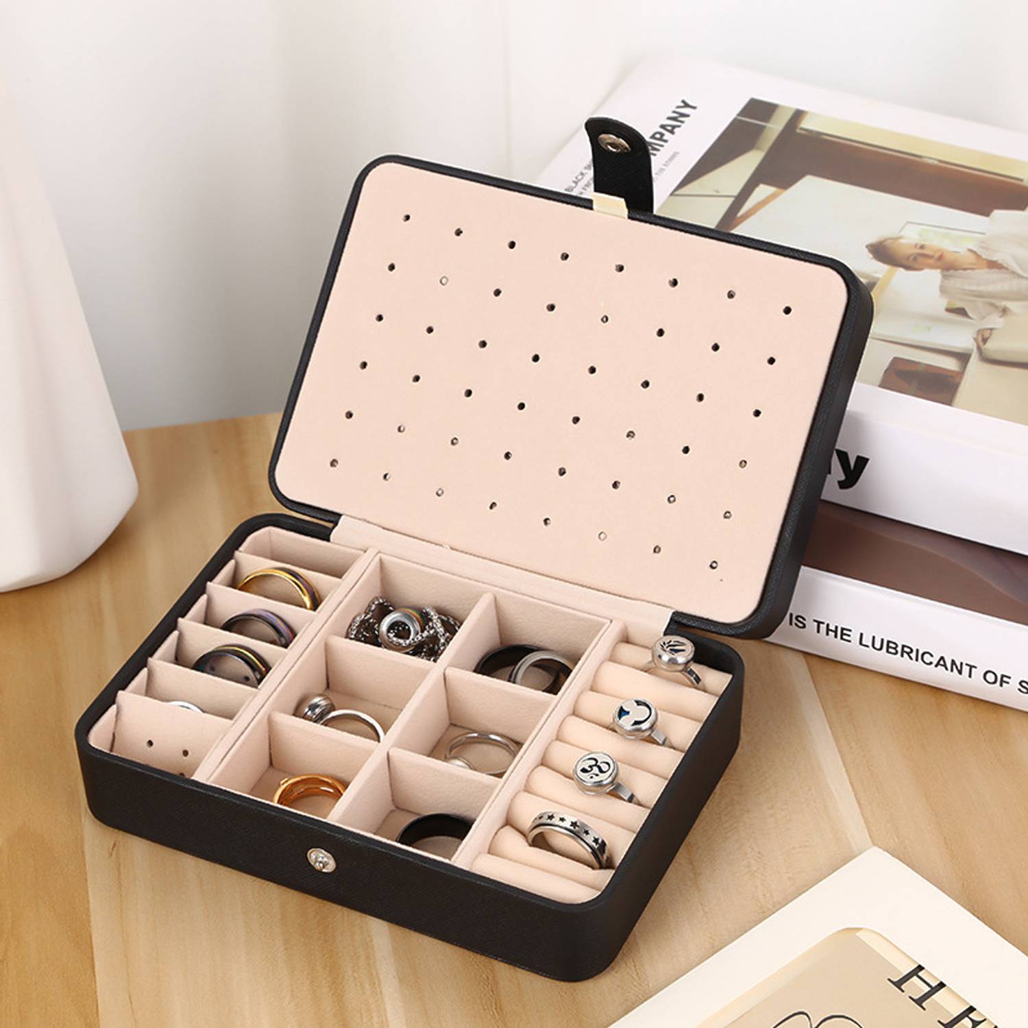 PU Leather Portable Dual-Layer Jewelry Box w/ Snap 5