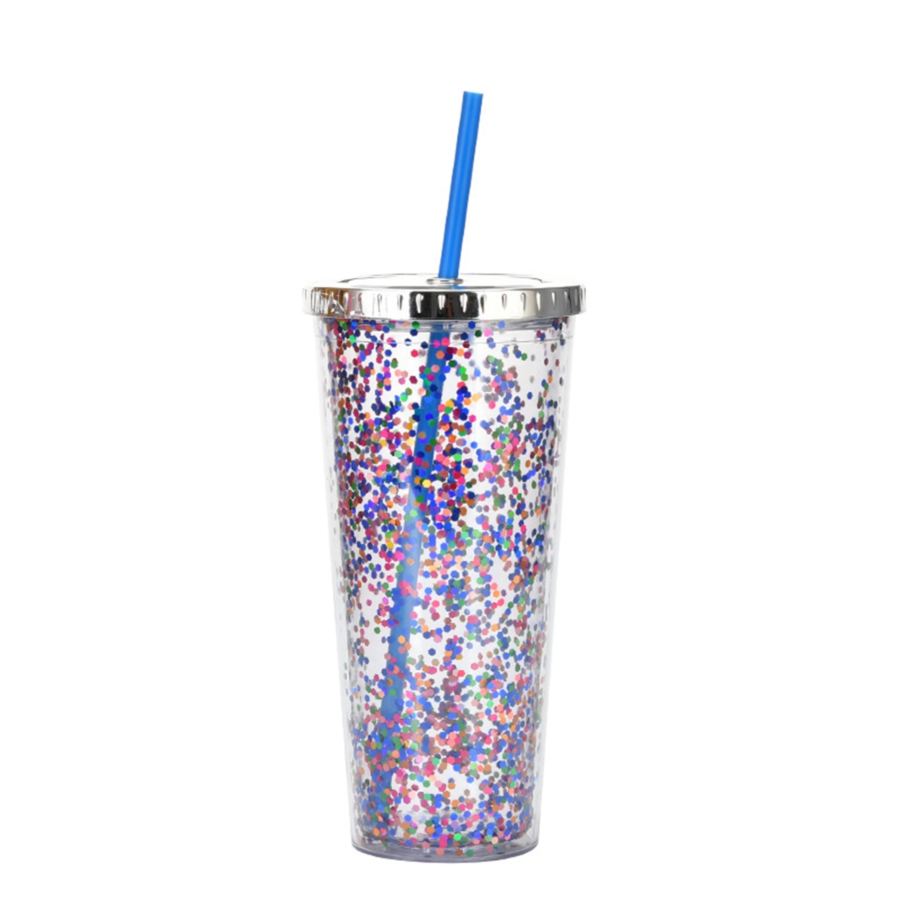 24 Oz. Double Wall Insulated Plastic Glitter Straw Mug 26