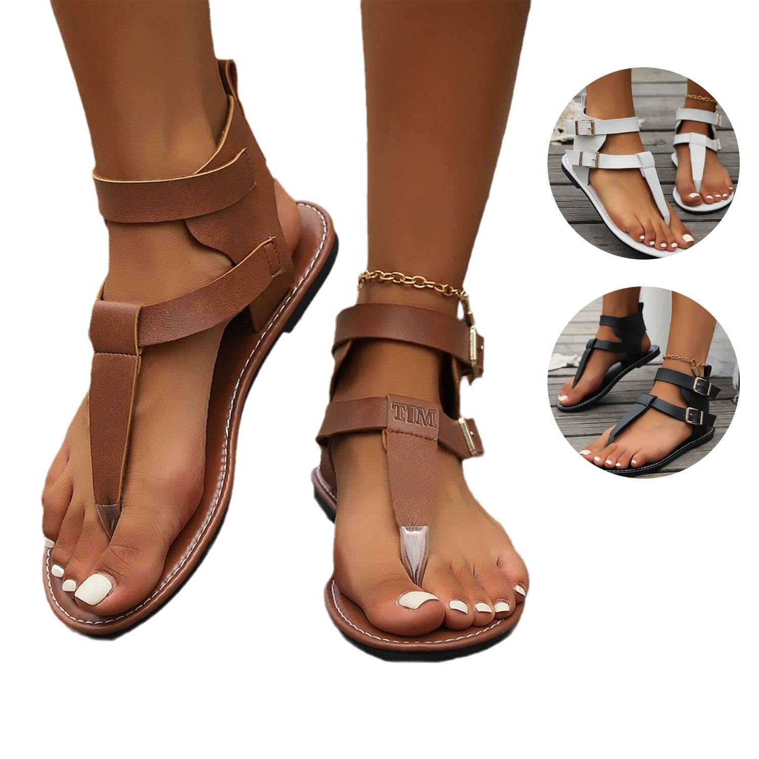 Womens Solid Color Thong Sandals w/ Stylish Buckle Detail 2