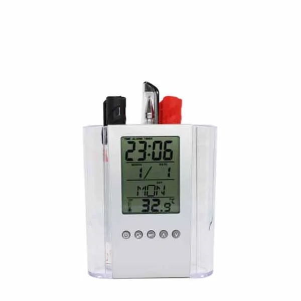 Clock Digital Alarm Temperature Display Pen Holder 6