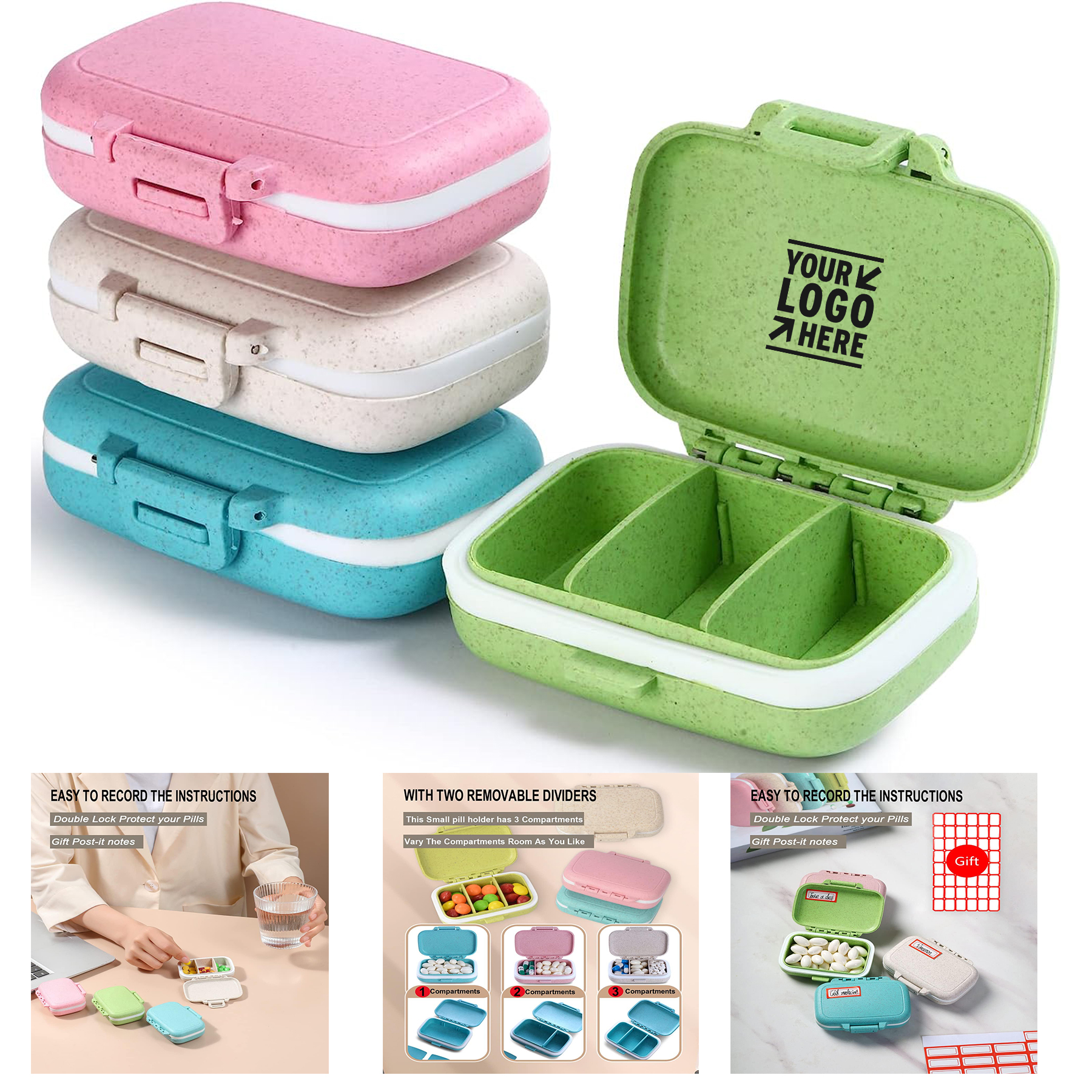 3 Removable Compartments 4Pcs BPA Free Pill Case Travel Vitamin Medicine Organizer 