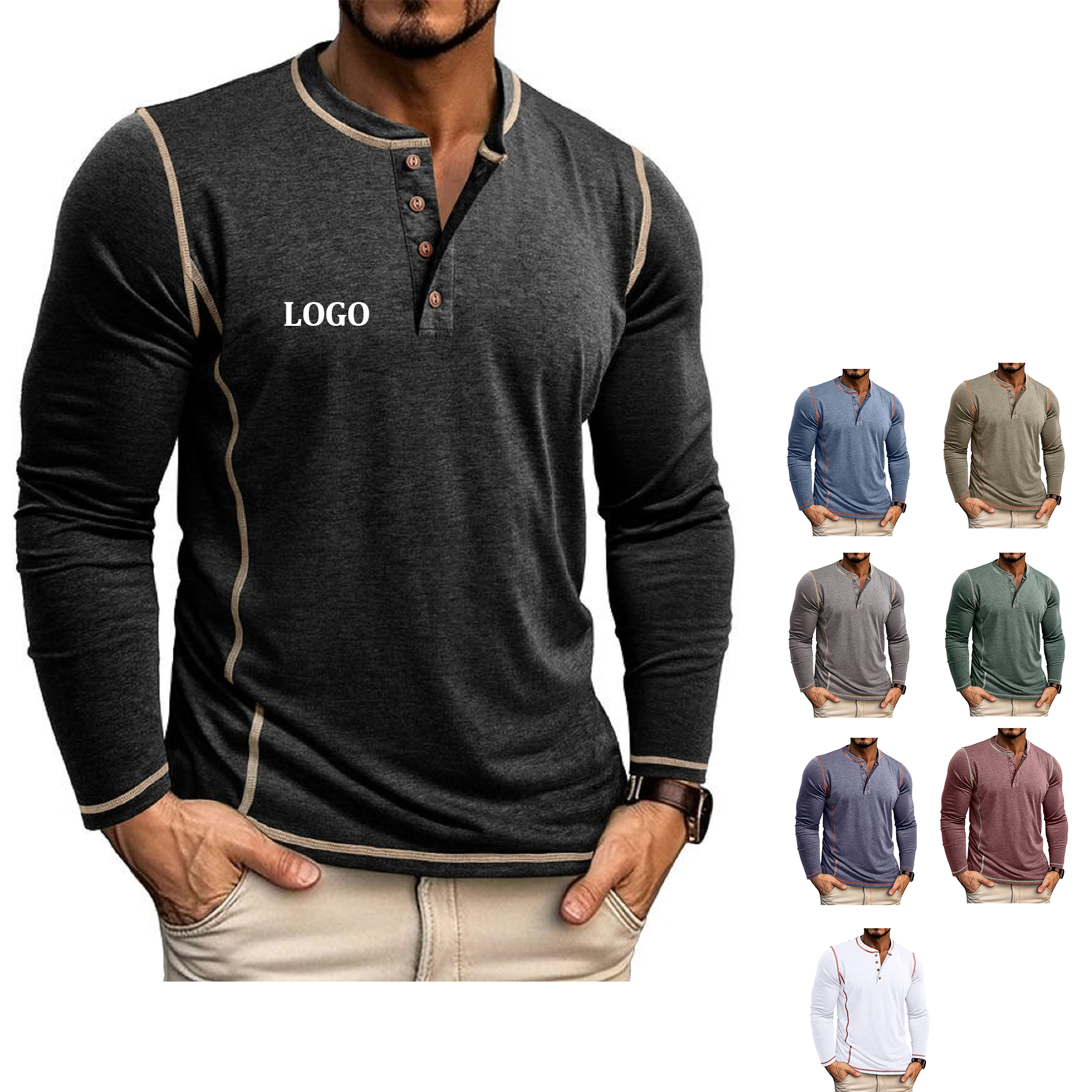 Neck Henley Men Shirts Long Sleeve Shirts 3