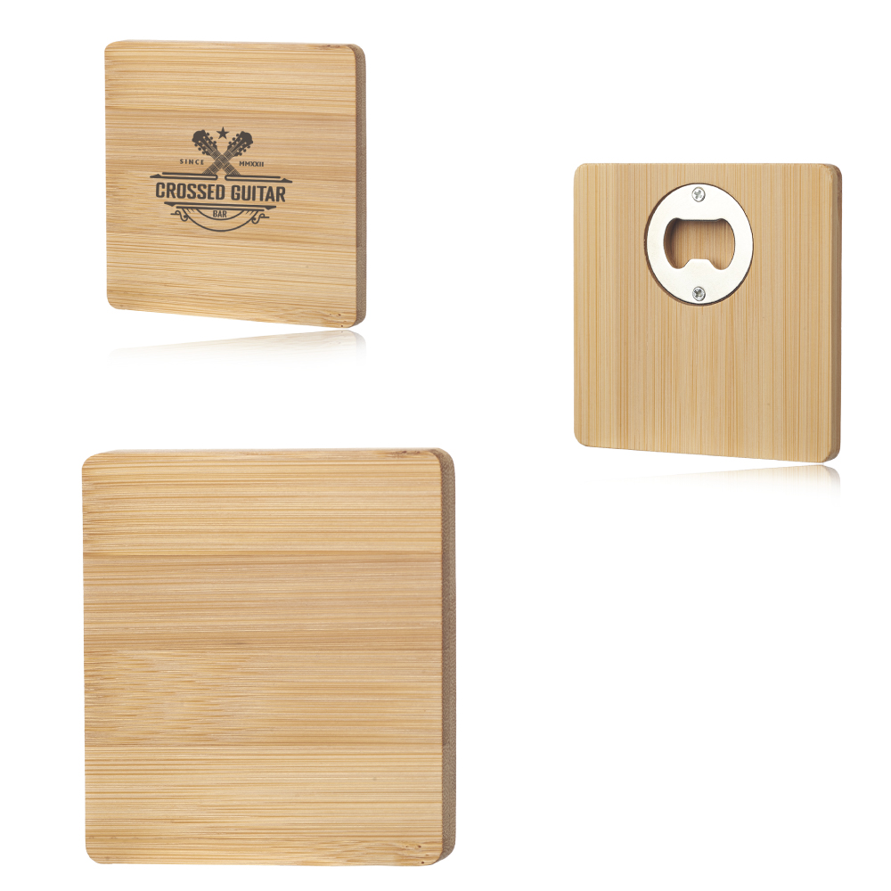 Square Bamboo Coaster with Bottle Opener on Bottom 2