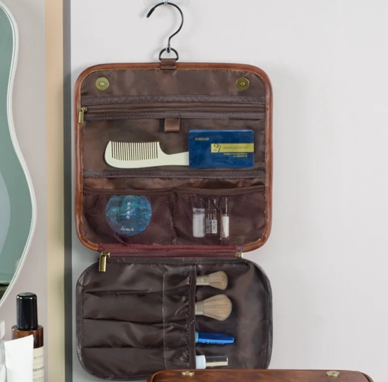 Custom Logo Hanging PU Leather Toiletry Bag Wholesale Bulk Travel Cosmetic Organizer 2