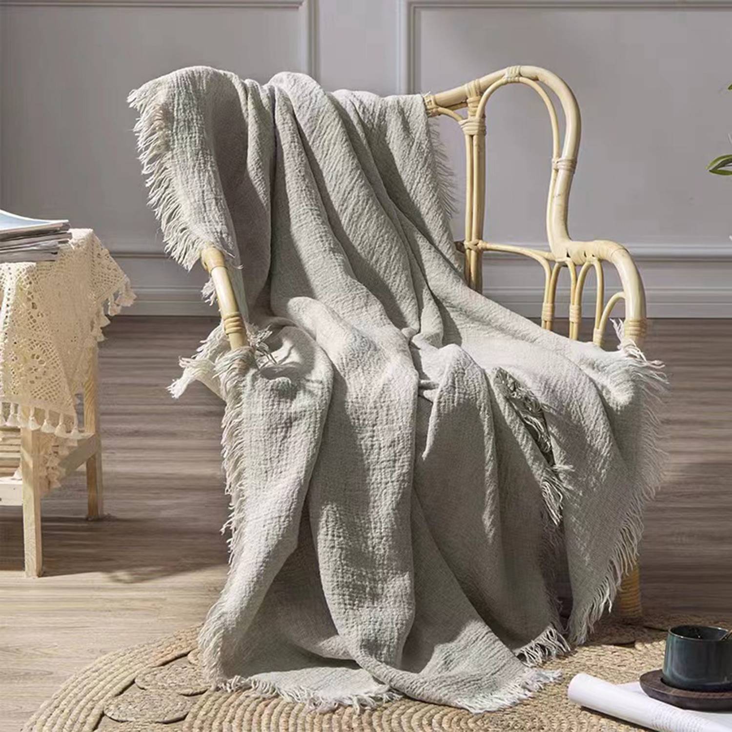Soft Breathable Lightweight Yarn Linen Blanket with Fringe 4