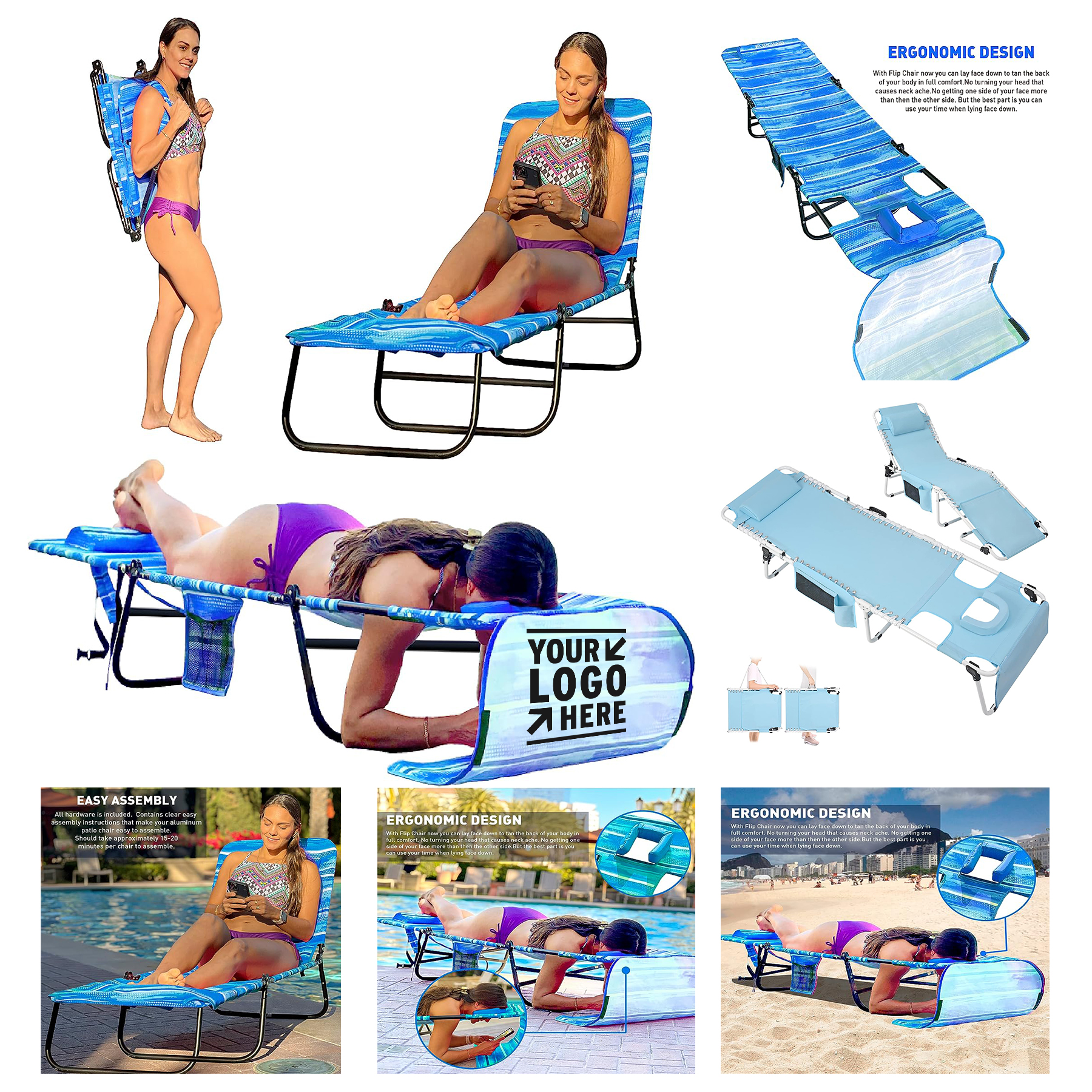 2 Legs Support Polyester Material Face Arm Hole Face Down Beach Tanning Chaise Lounge Chair