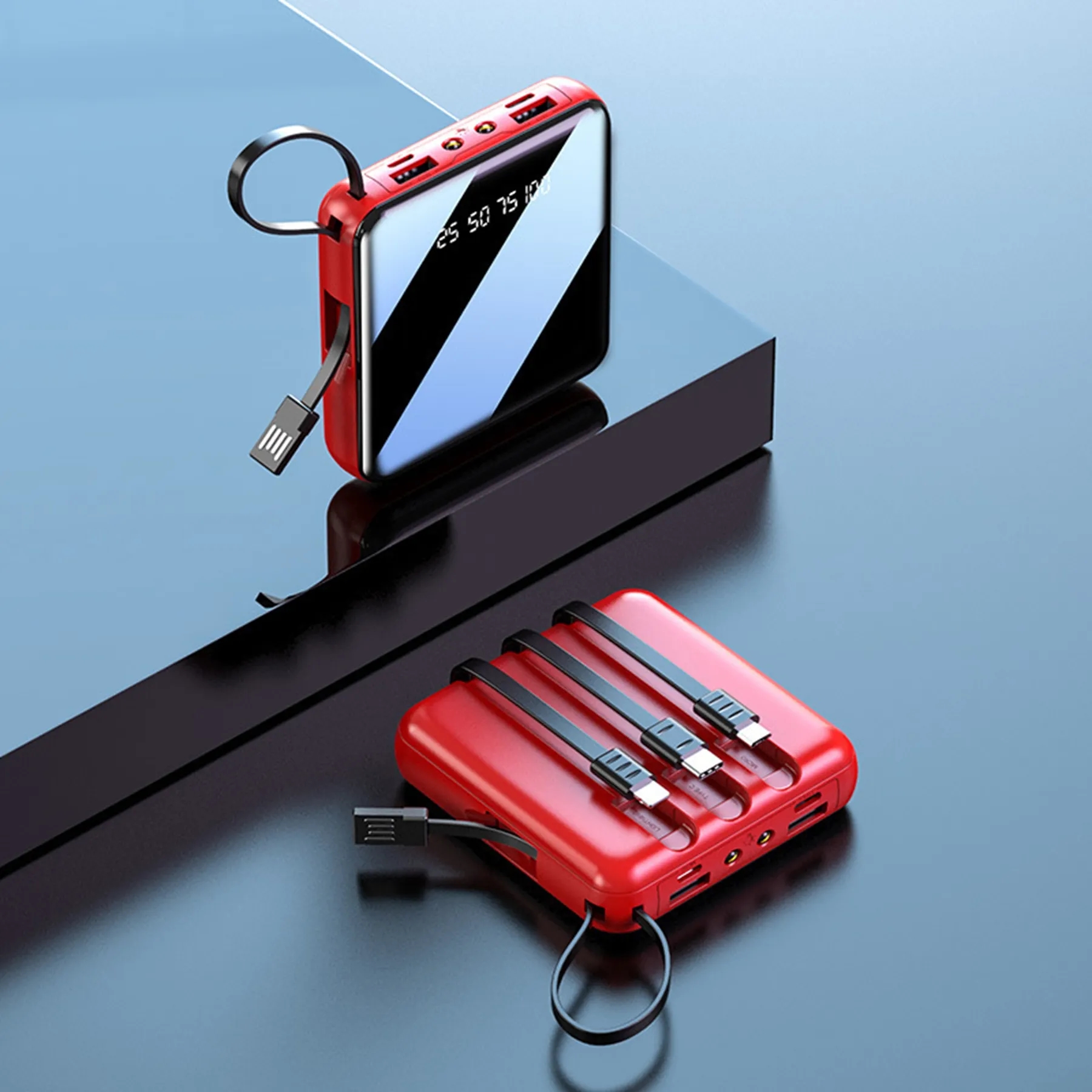 10000 mAh Square Mirror Power Bank with Built-in Cable 11