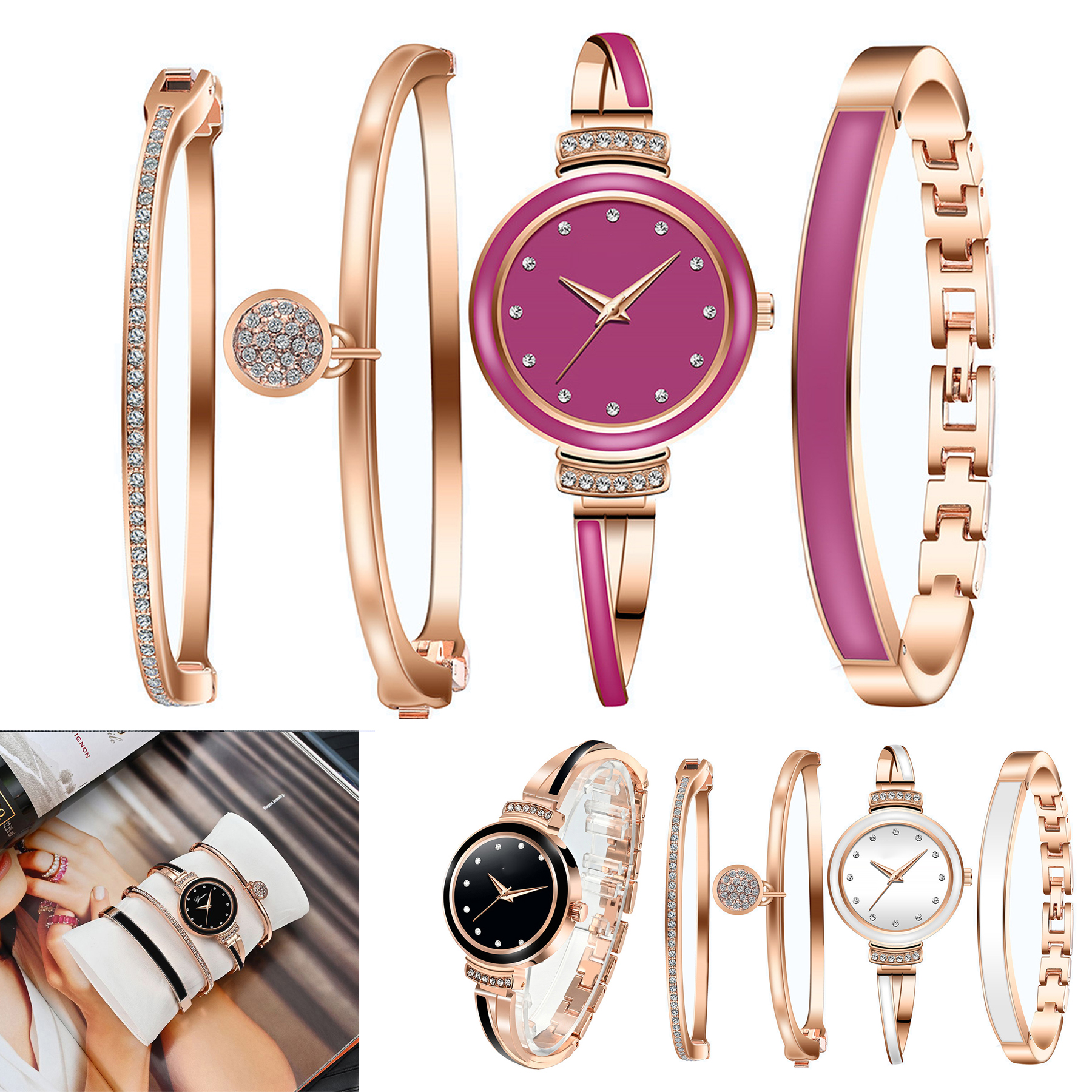 Women's Premium Crystal Accented Bangle Watch Set